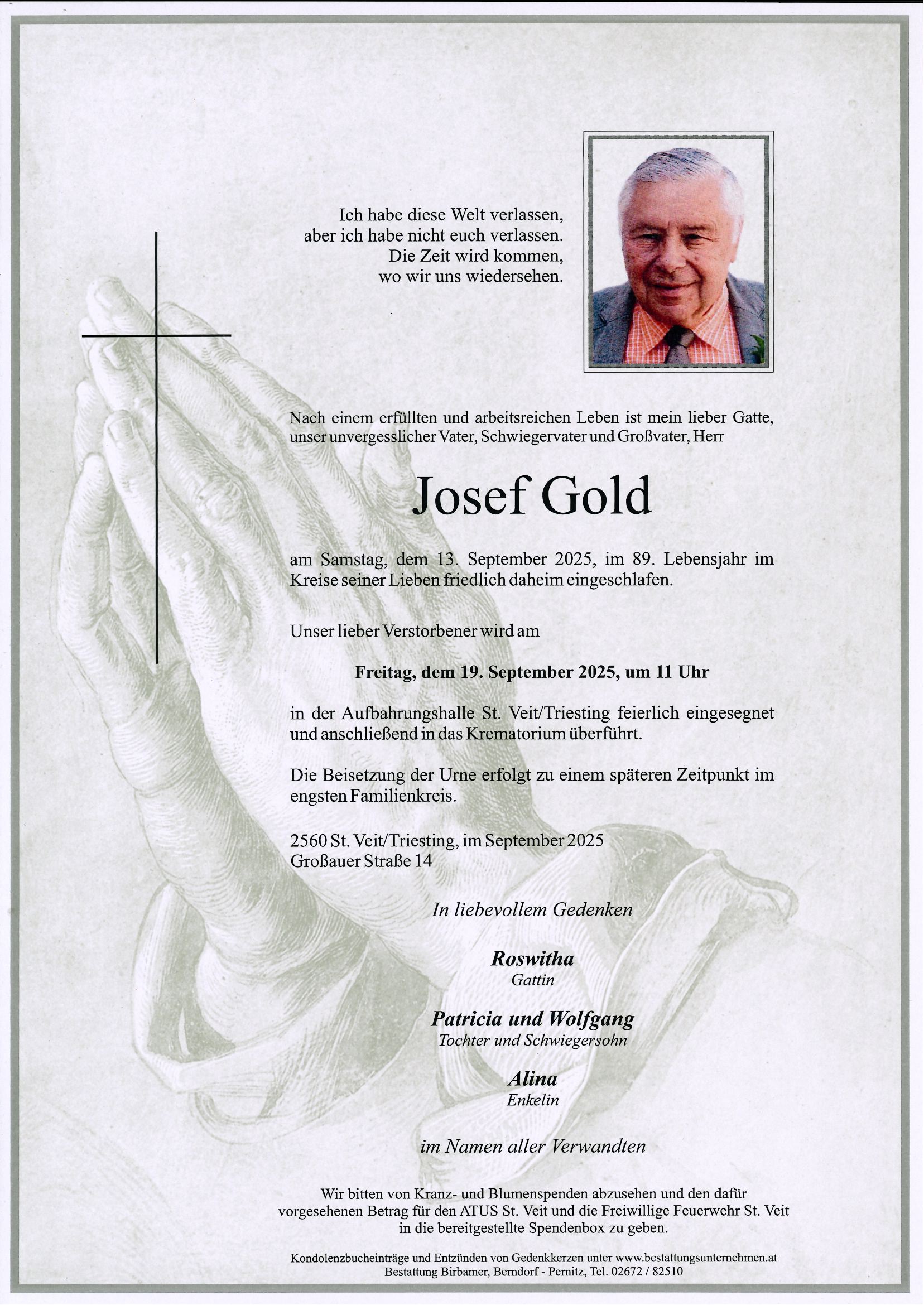 Traueranzeige von Josef Gold