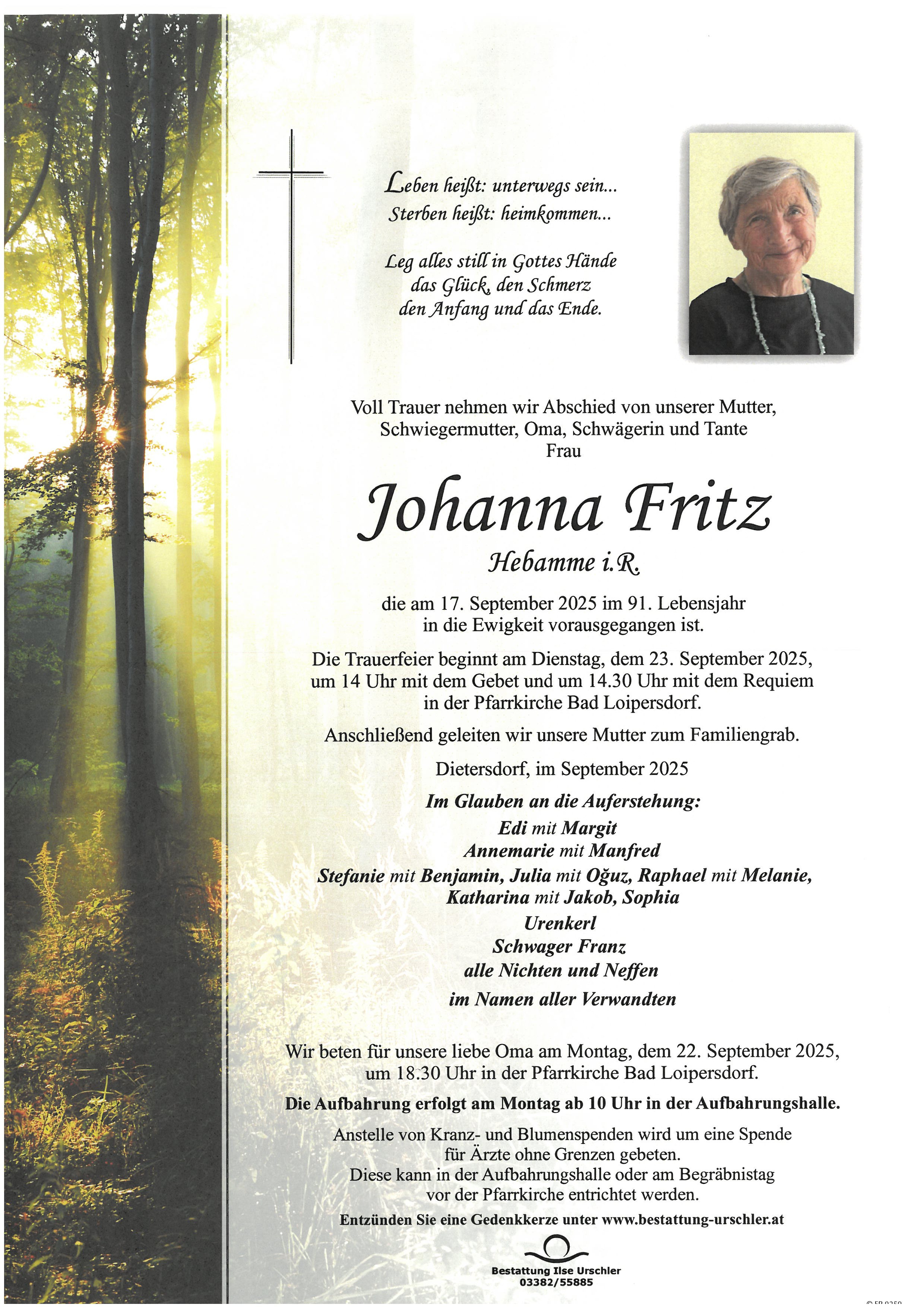 Traueranzeige von Johanna Fritz