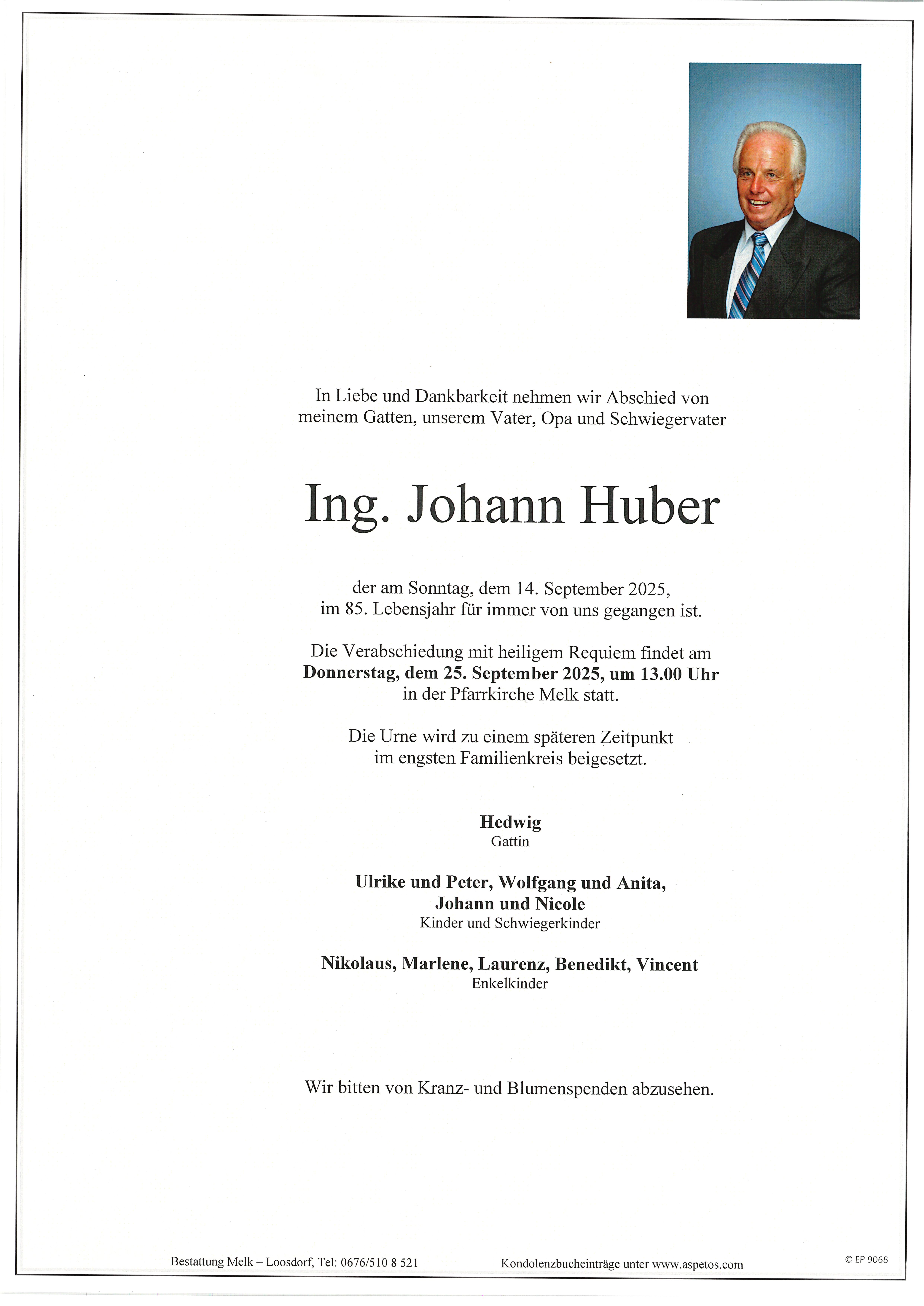Traueranzeige von Ing. Johann Huber