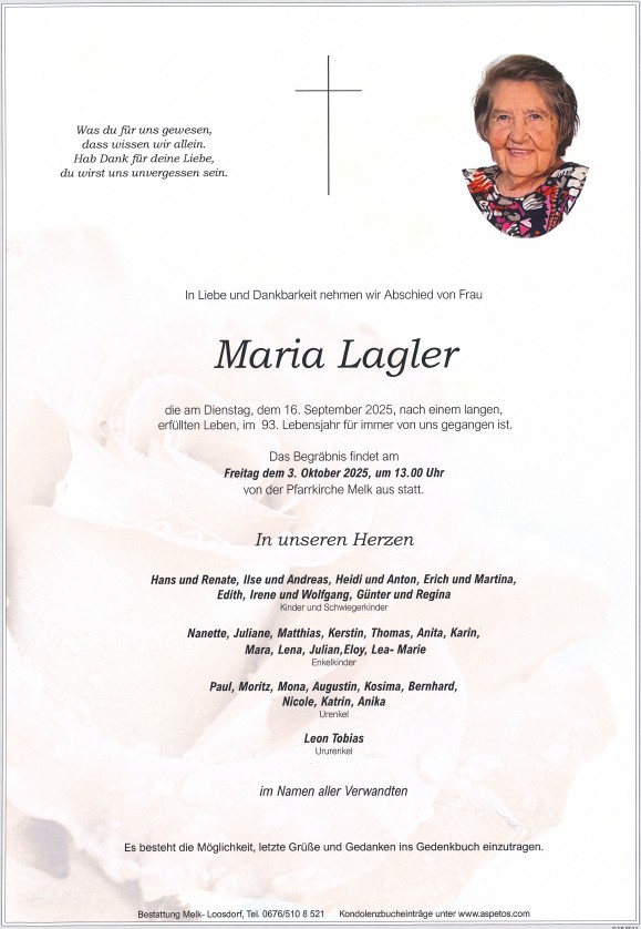 Traueranzeige von Maria Lagler
