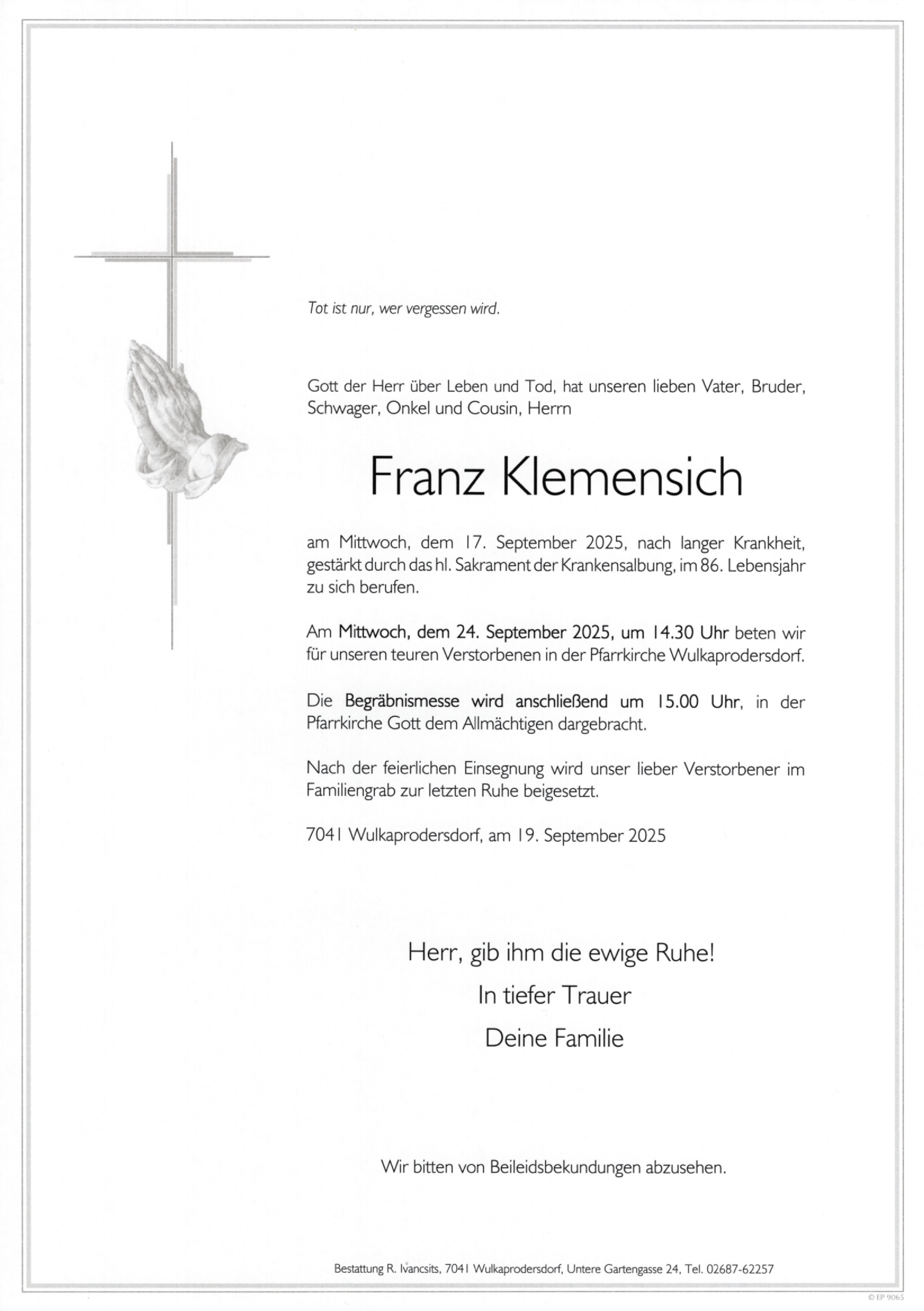 Traueranzeige von Franz Klemensich
