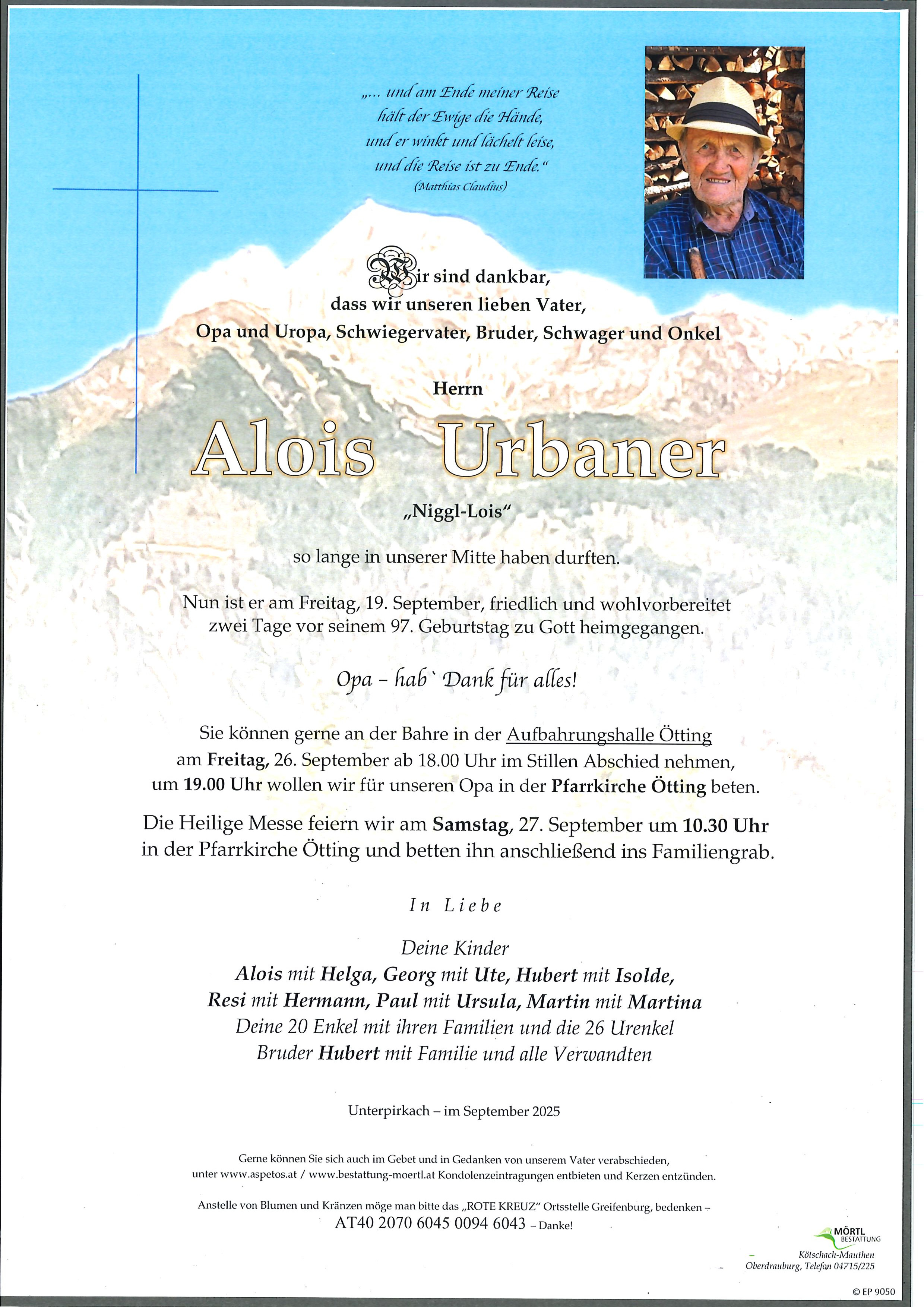 Traueranzeige von Alois Urbaner