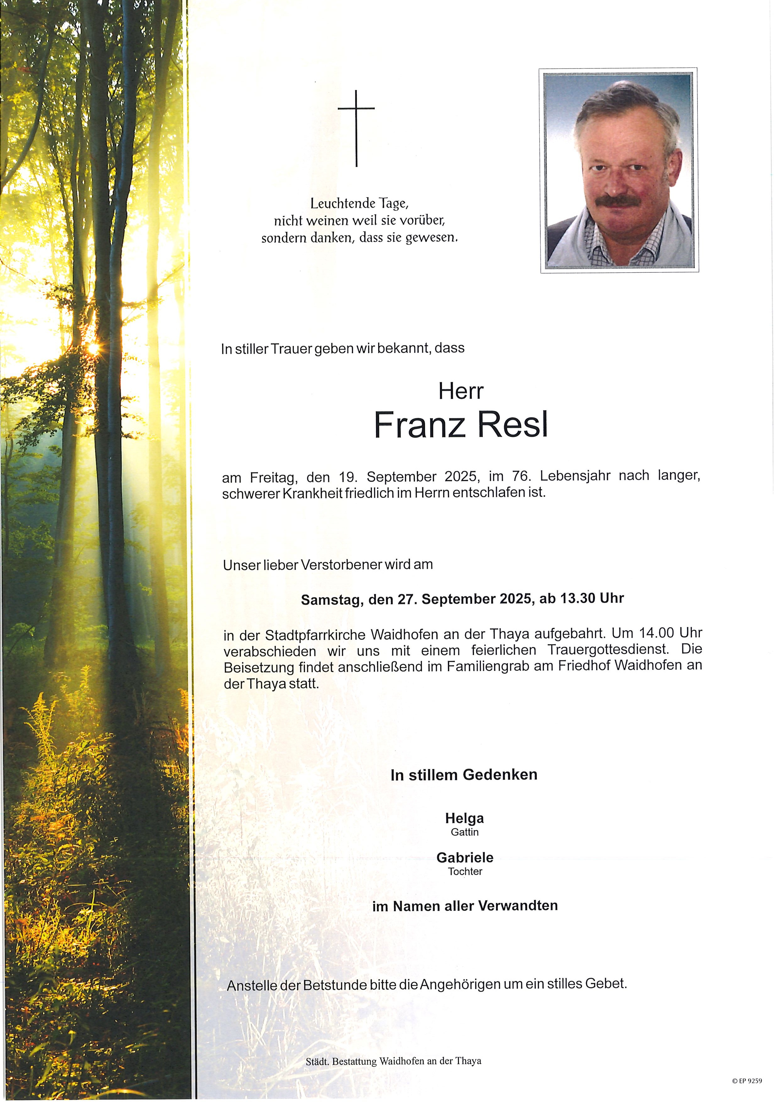 Traueranzeige von Franz Resl