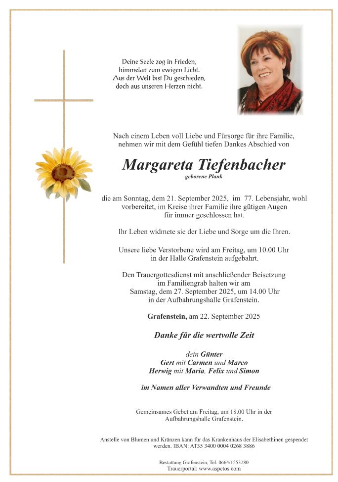 Traueranzeige von Margareta Tiefenbacher