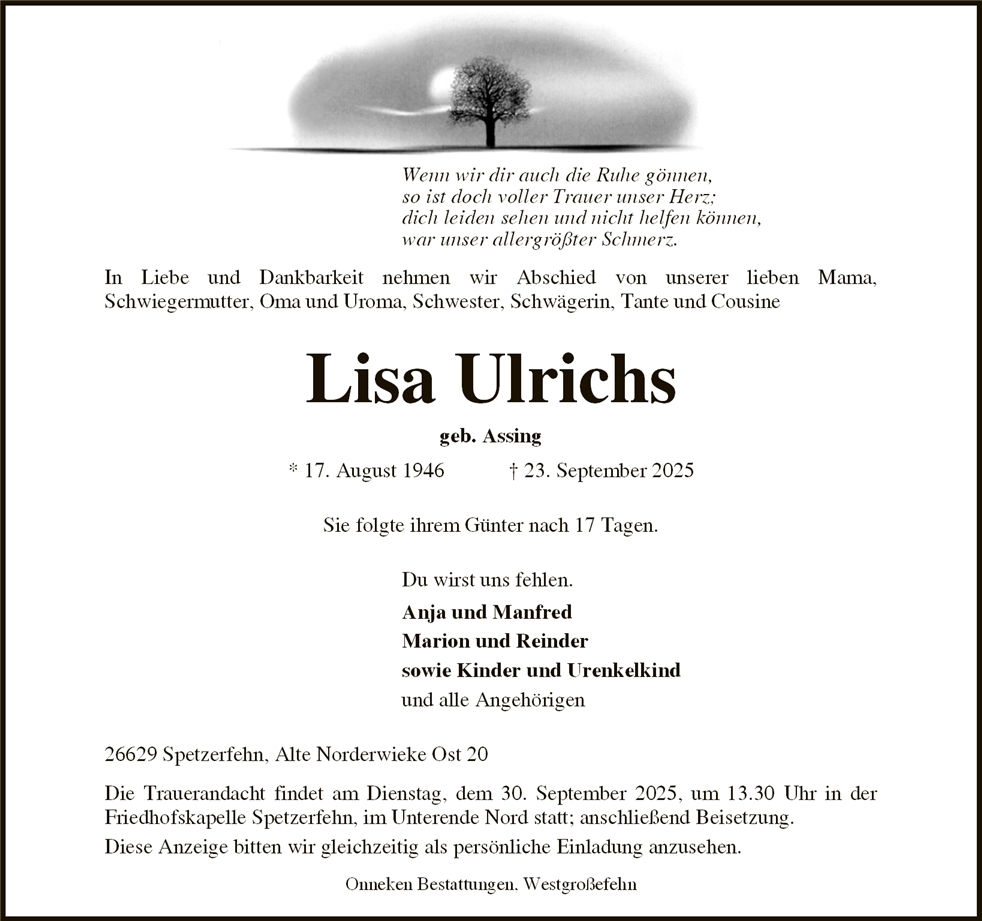 Traueranzeige von Lisa Ulrichs