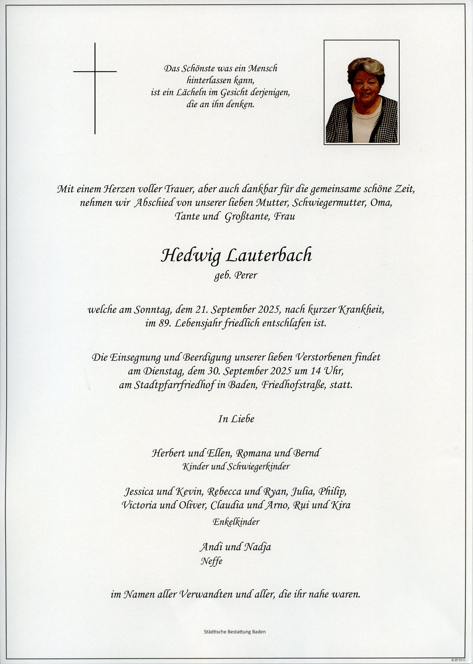 Traueranzeige von Hedwig Lauterbach