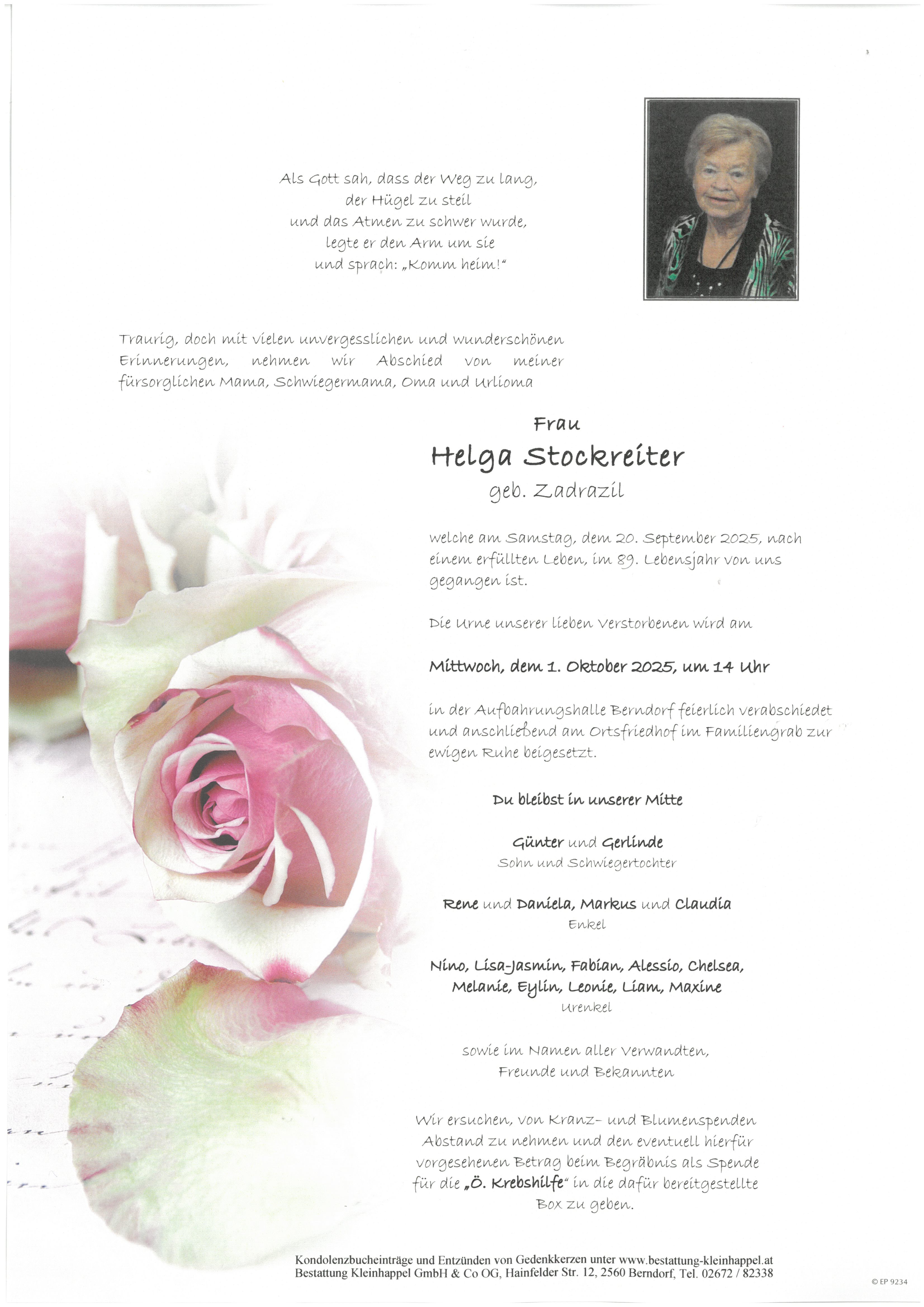Traueranzeige von Helga Stockreiter