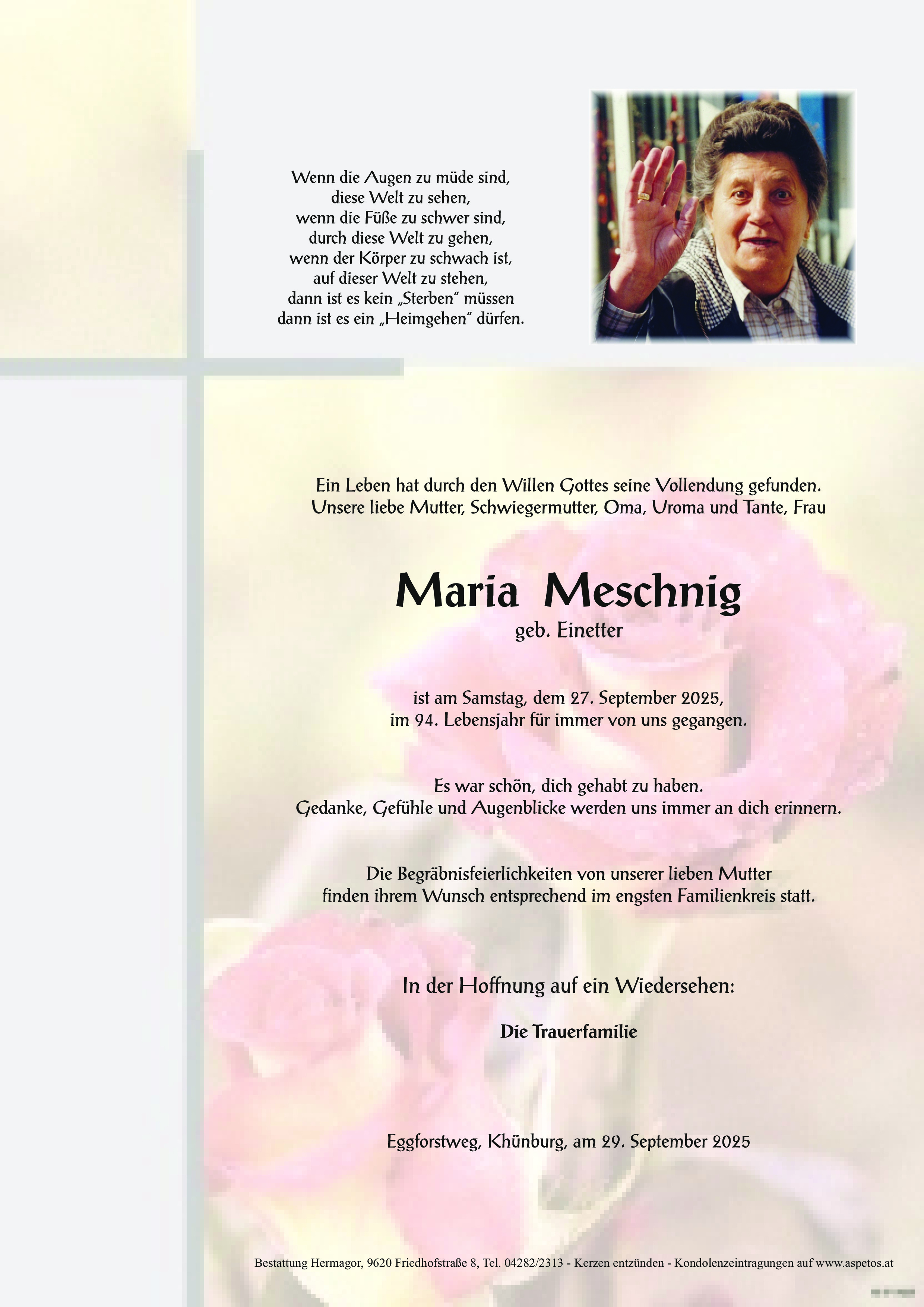 Traueranzeige von Maria Meschnig