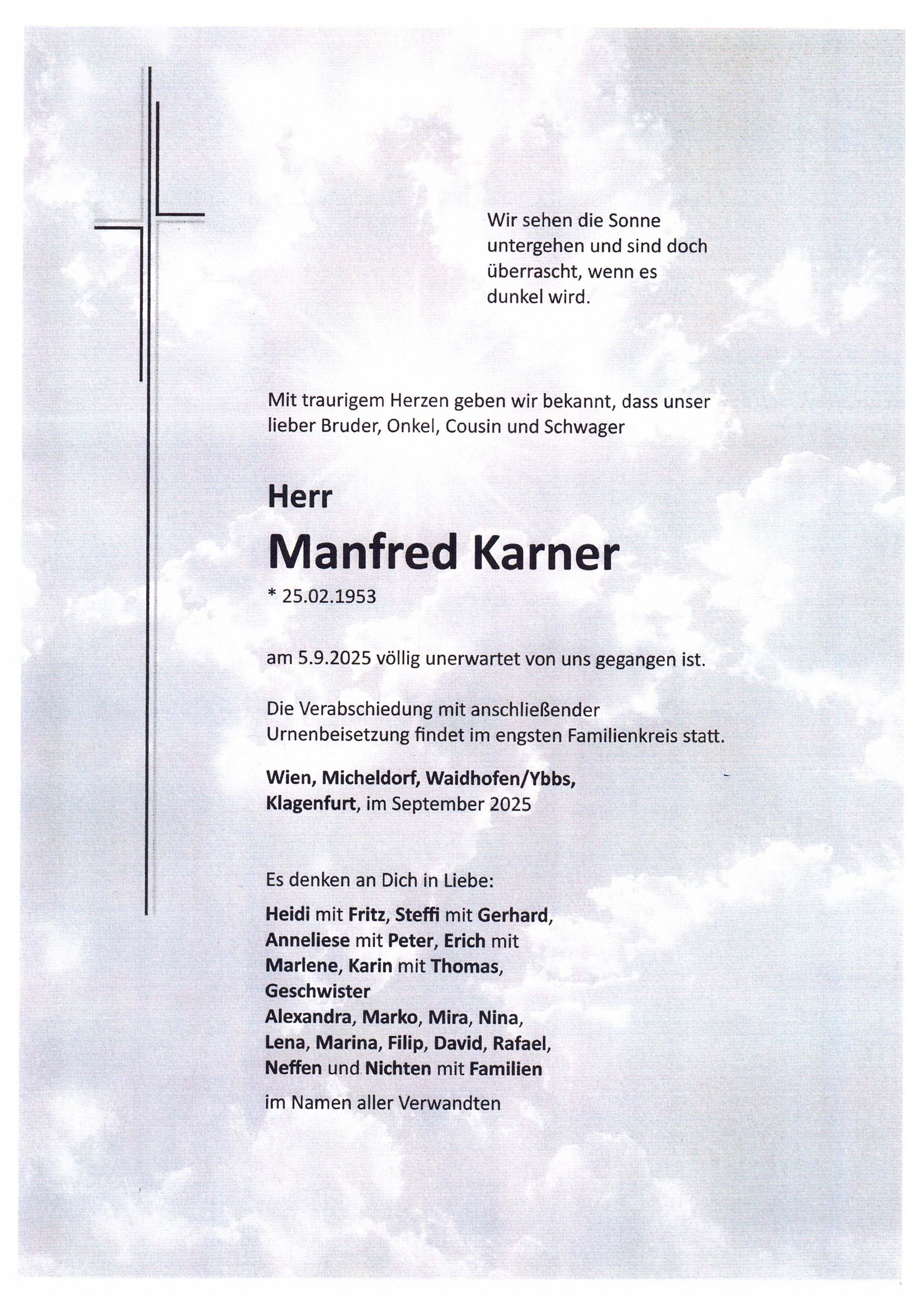 Traueranzeige von Manfred Karner
