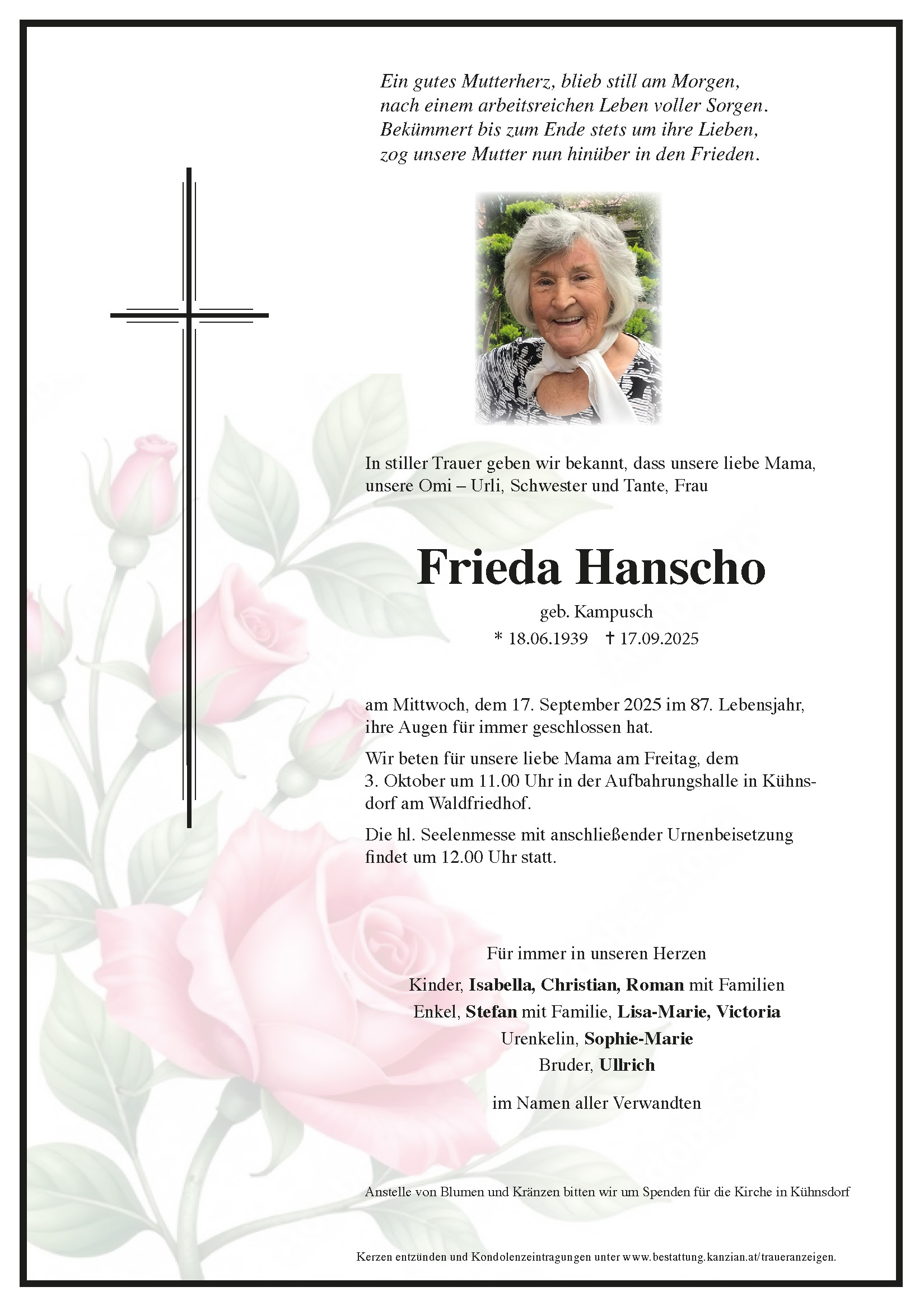 Traueranzeige von Frieda Hanscho