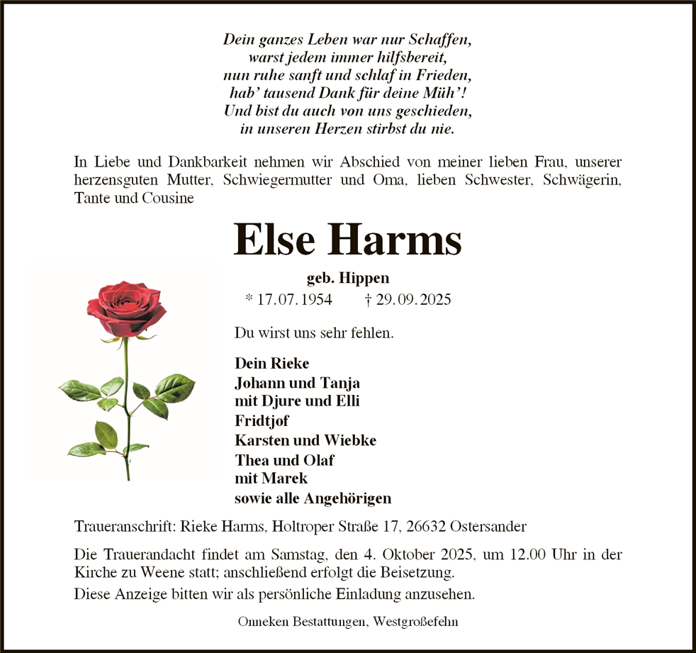 Traueranzeige von Else Harms