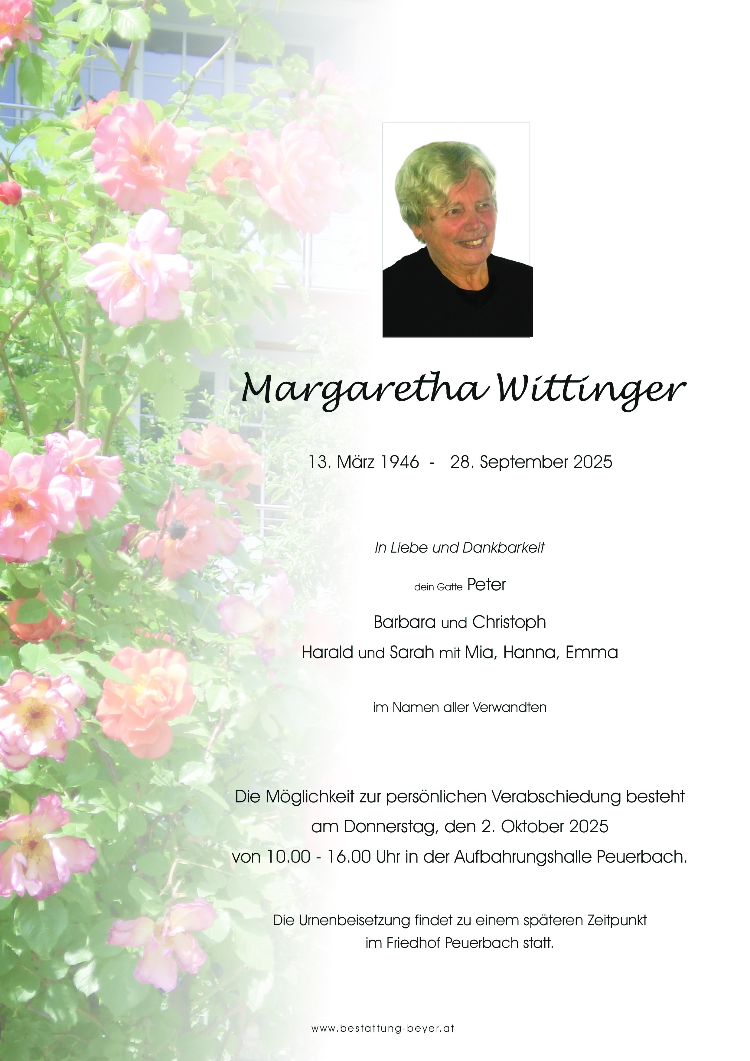 Traueranzeige von Margaretha Wittinger