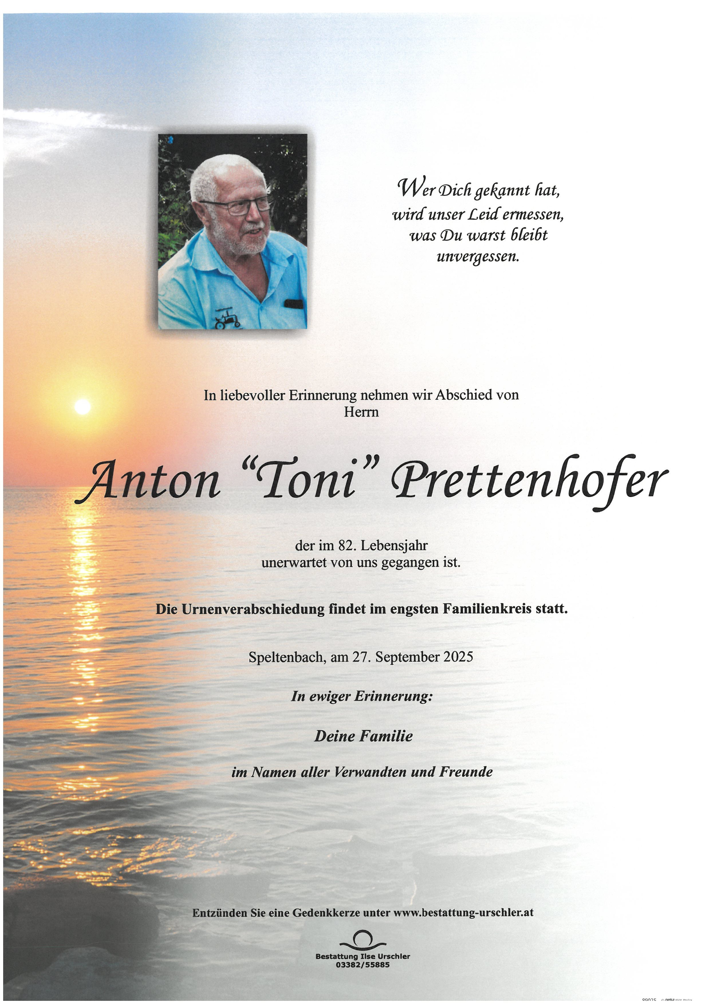 Traueranzeige von Anton "Toni" Prettenhofer