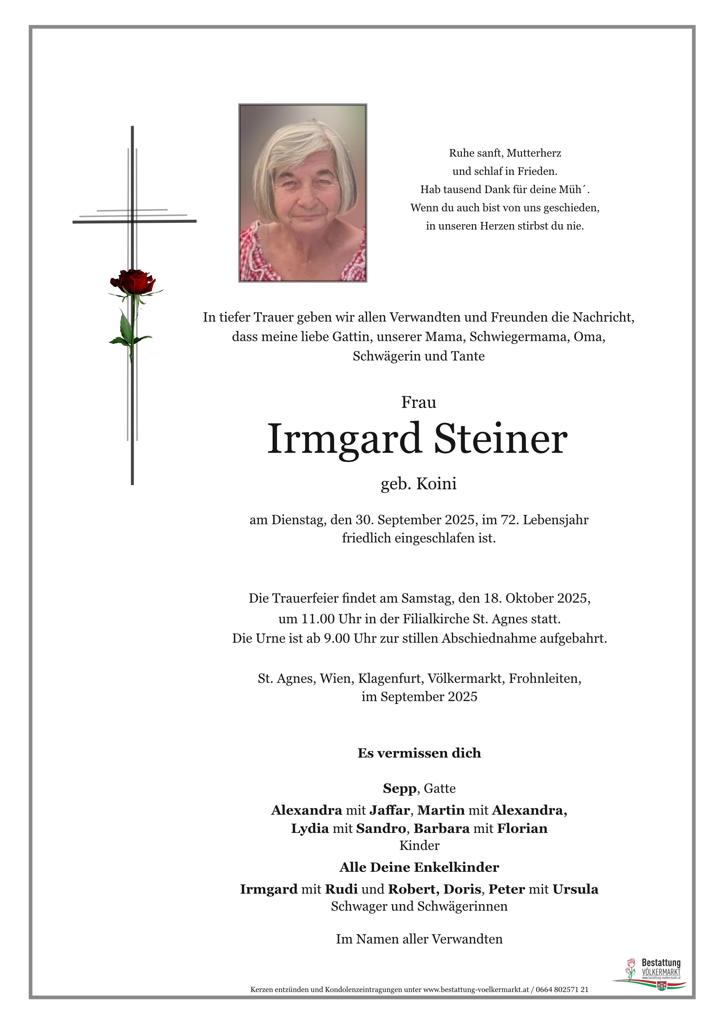 Traueranzeige von Irmgard Steiner