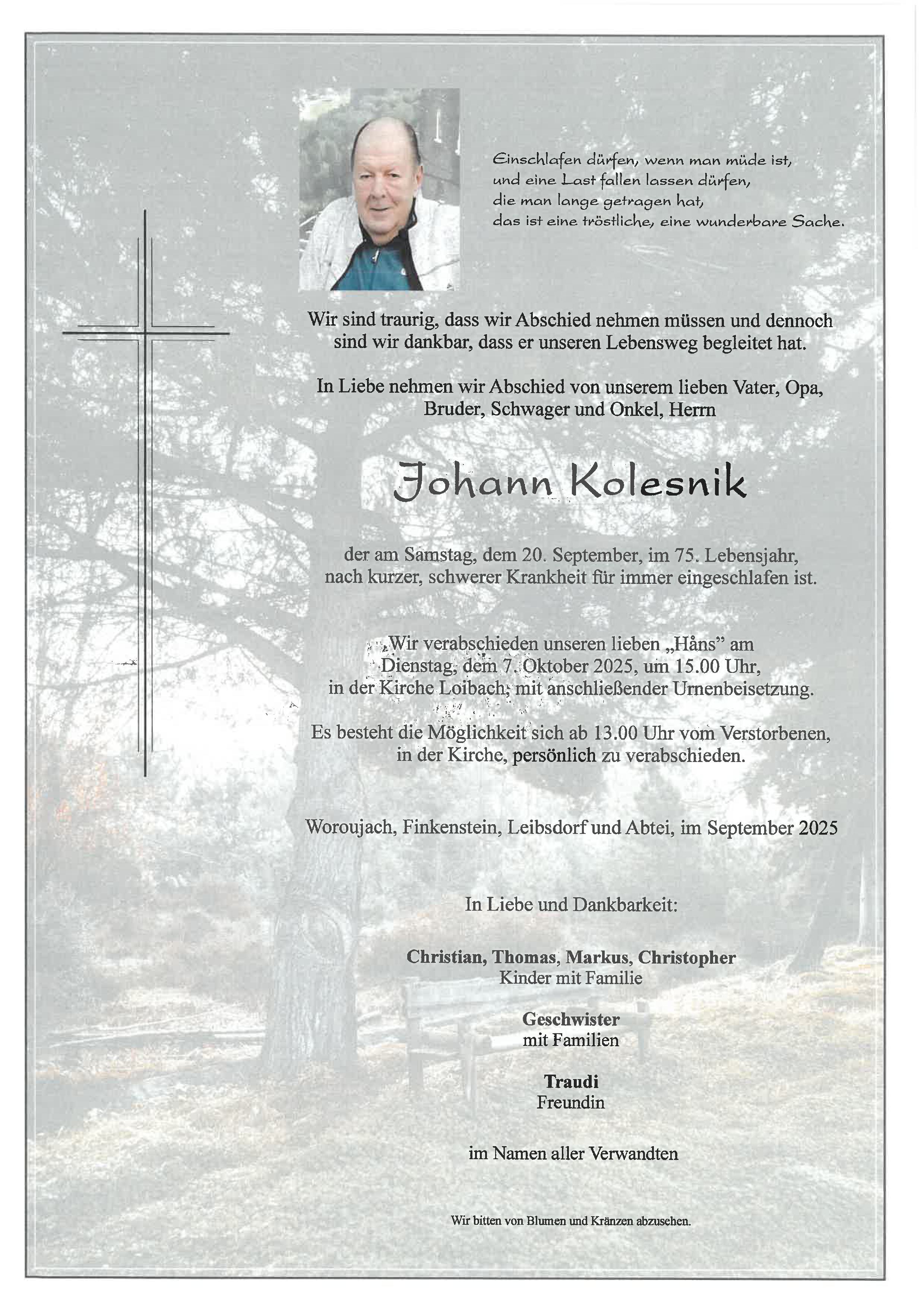 Traueranzeige von Johann Kolesnik