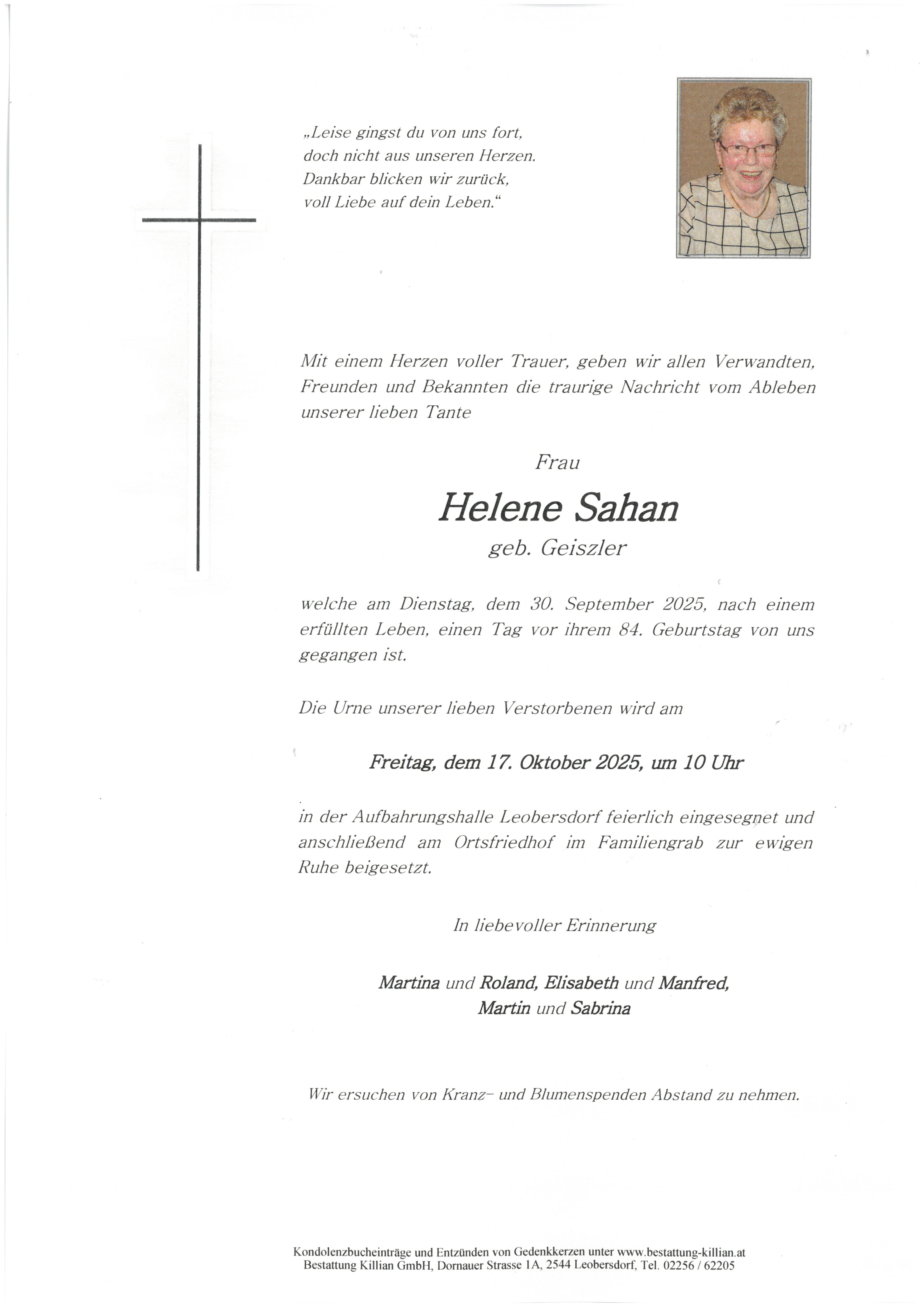 Traueranzeige von Helene Sahan