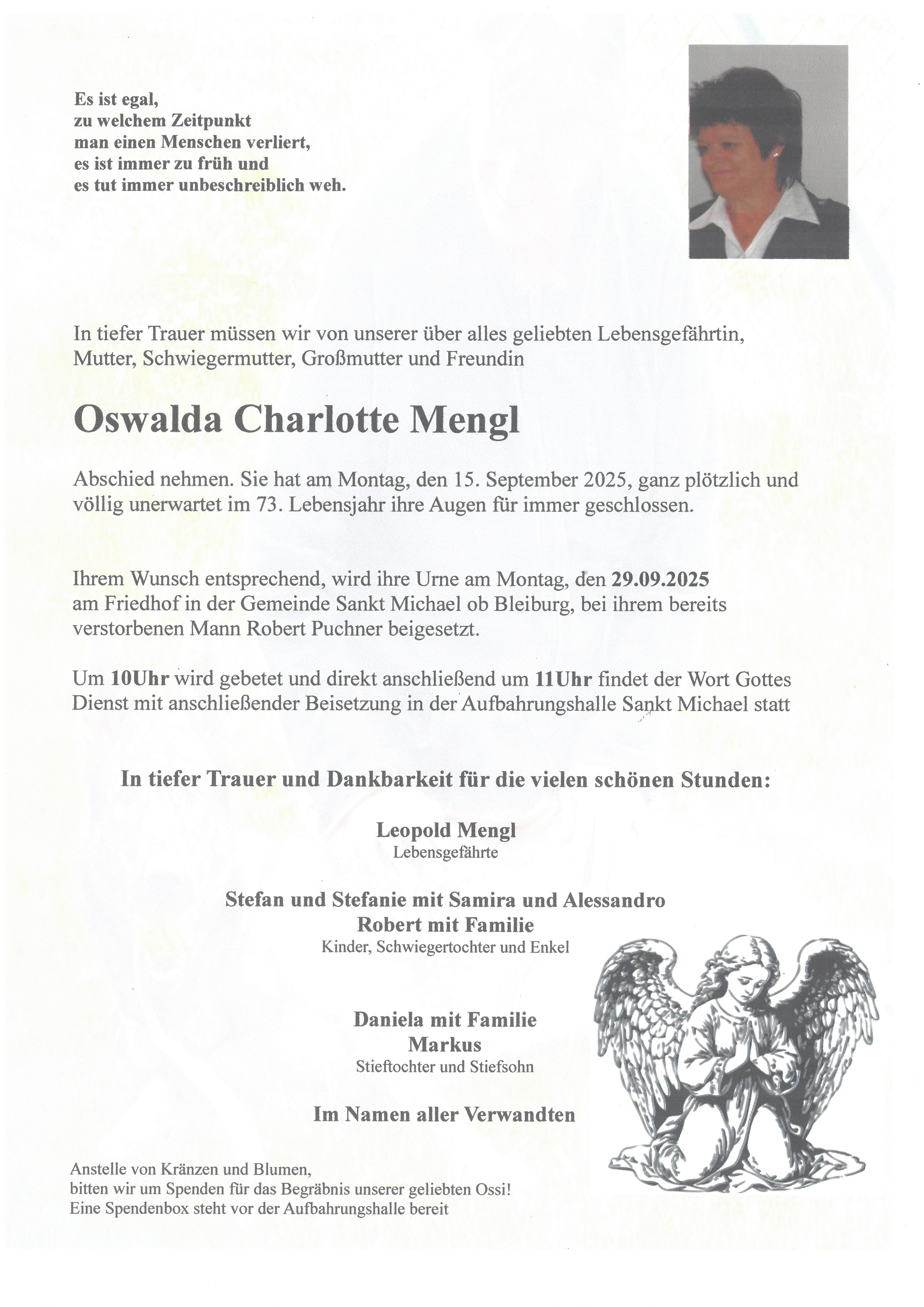 Traueranzeige von Oswalda Charlotte Mengl