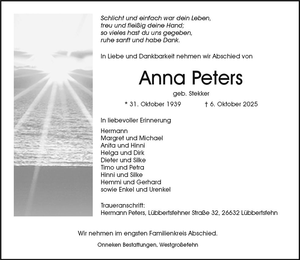 Traueranzeige von Anna Peters