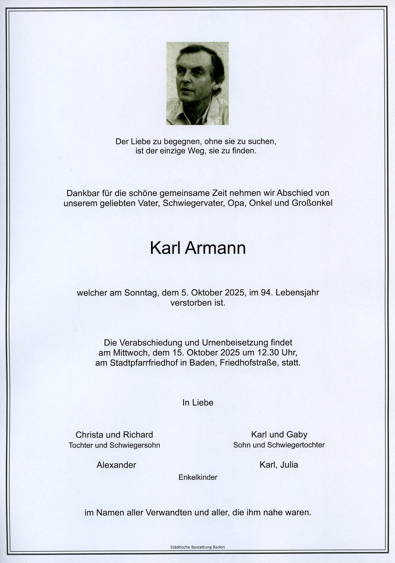 Traueranzeige von Karl Armann