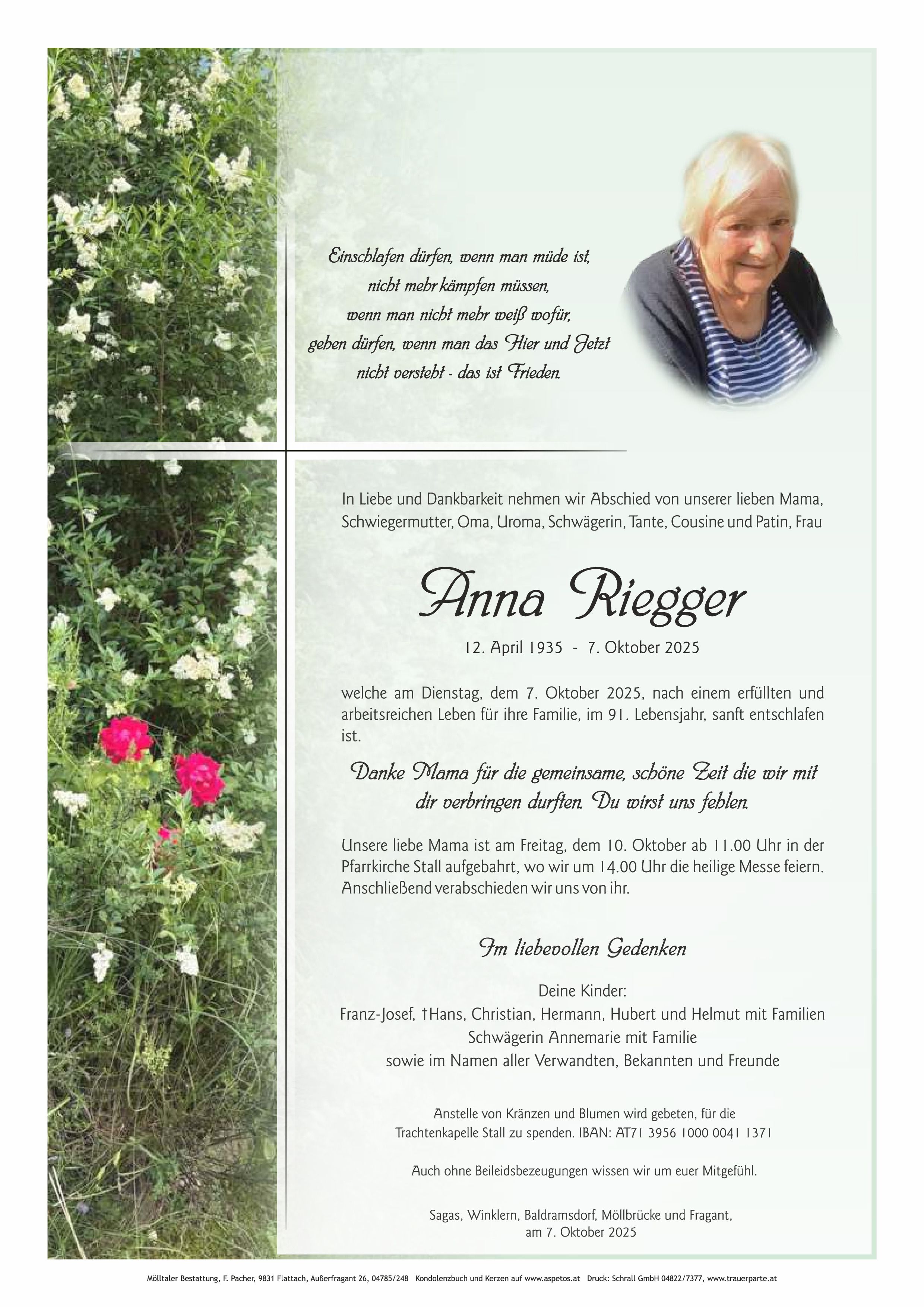 Traueranzeige von Anna Riegger