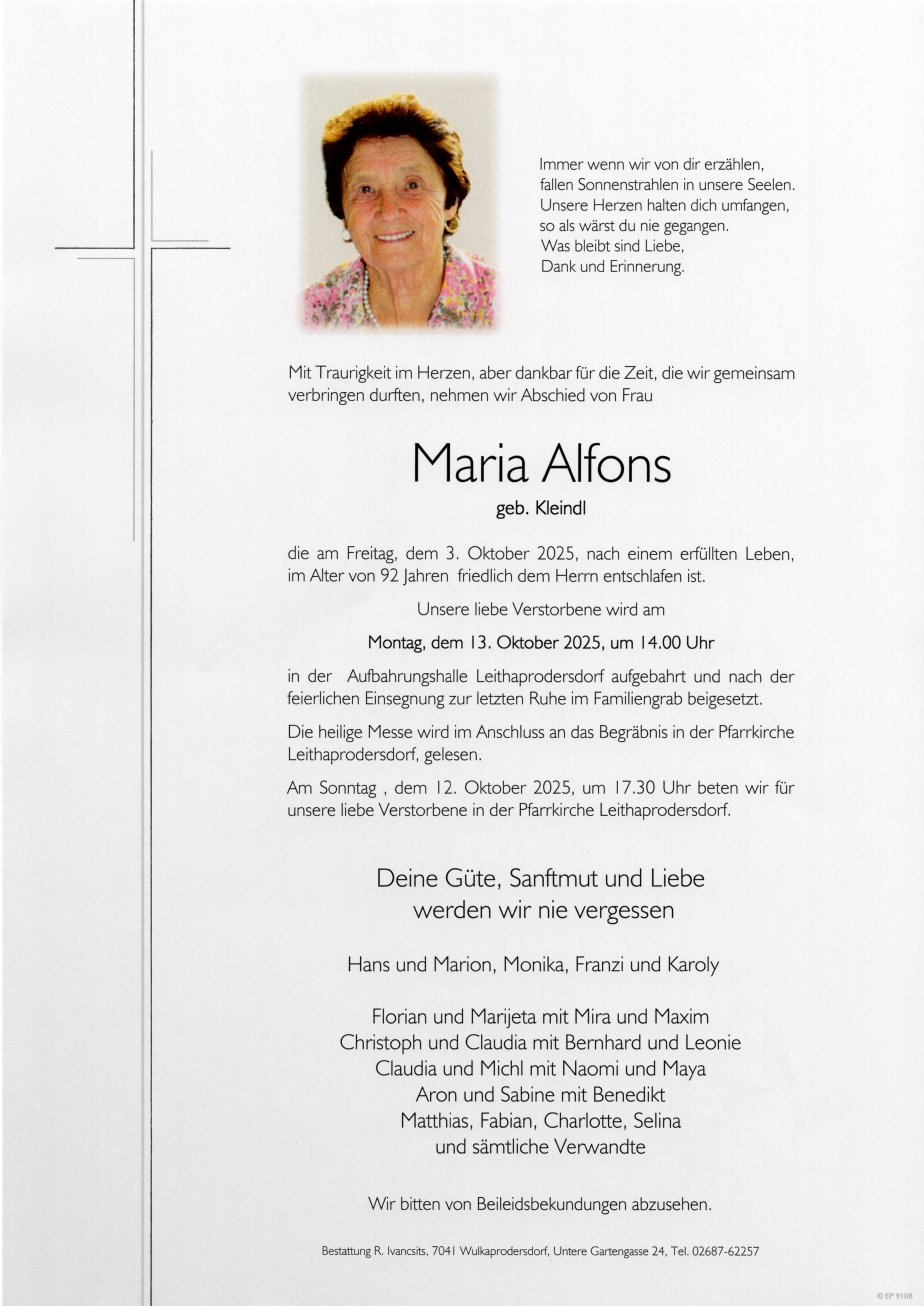 Traueranzeige von Maria Alfons