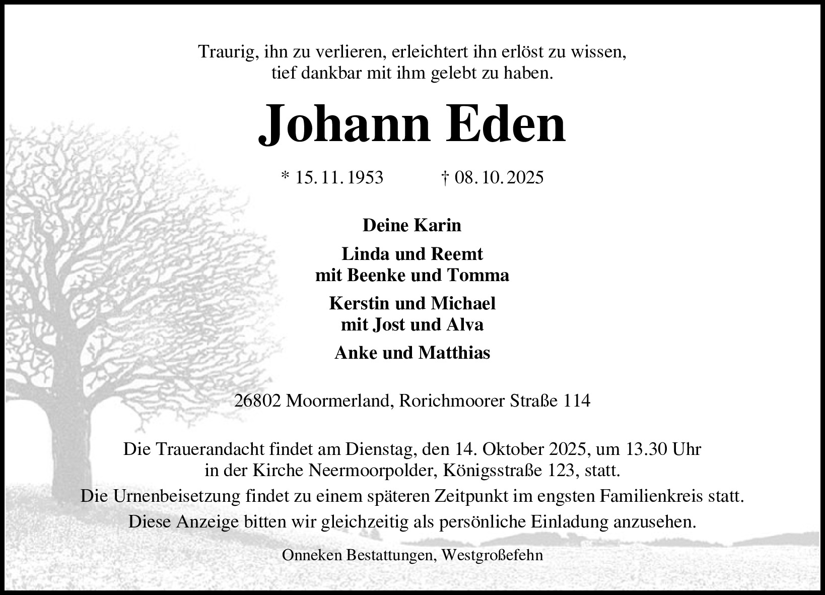 Traueranzeige von Johann Eden