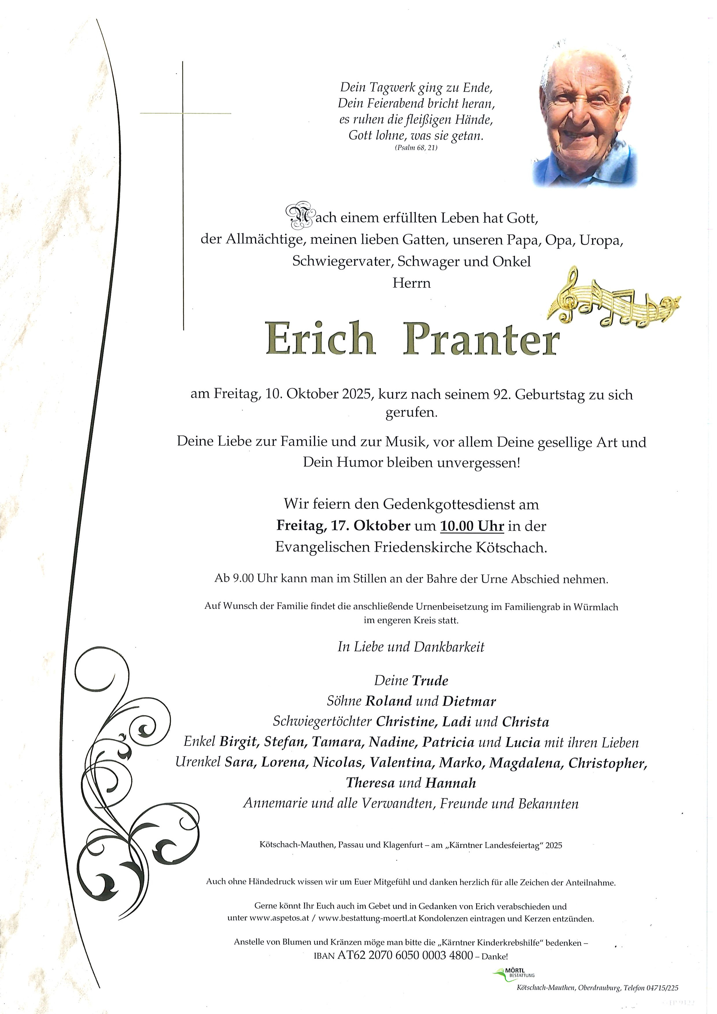 Traueranzeige von Erich Pranter