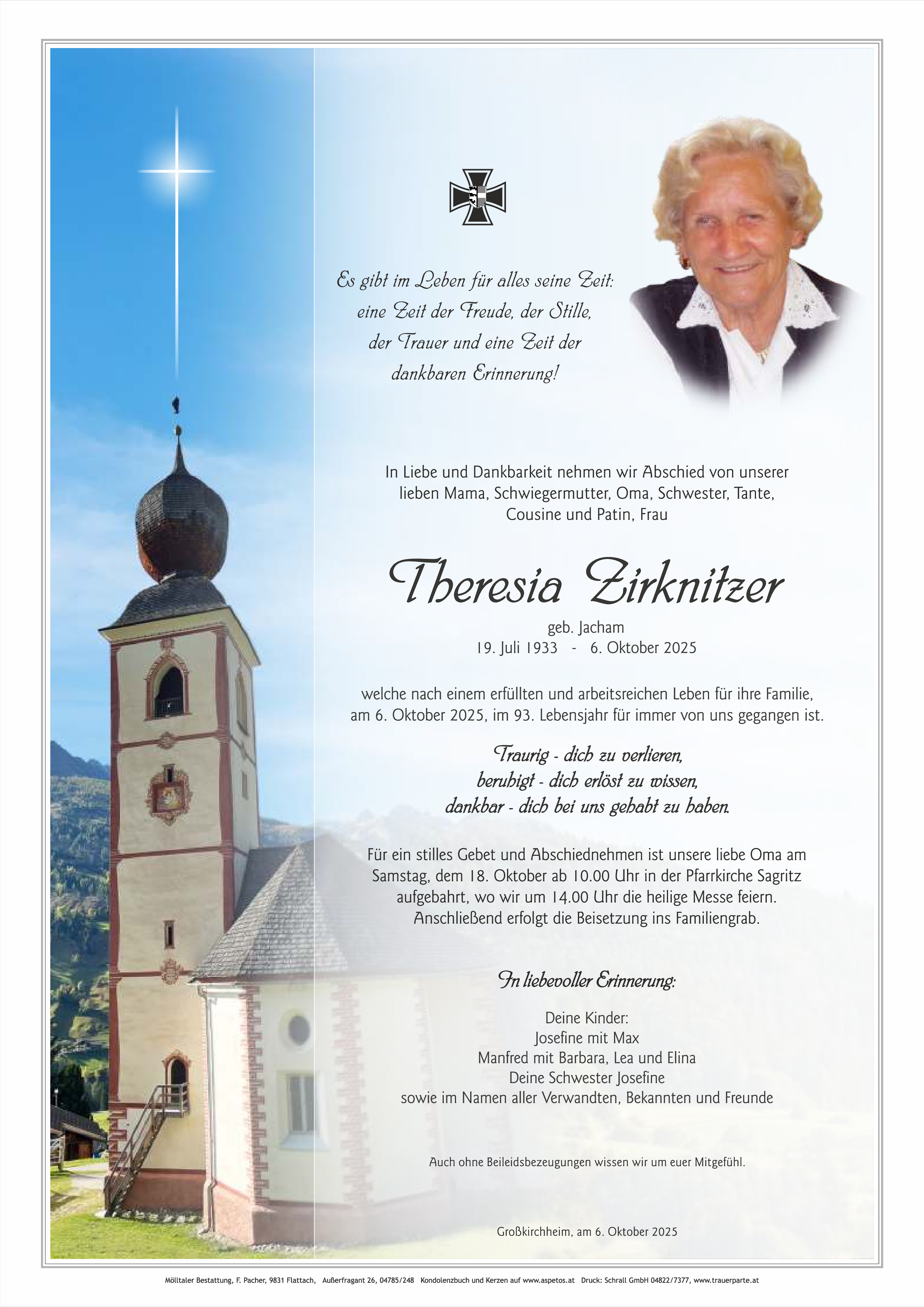 Traueranzeige von Theresia Zirknitzer
