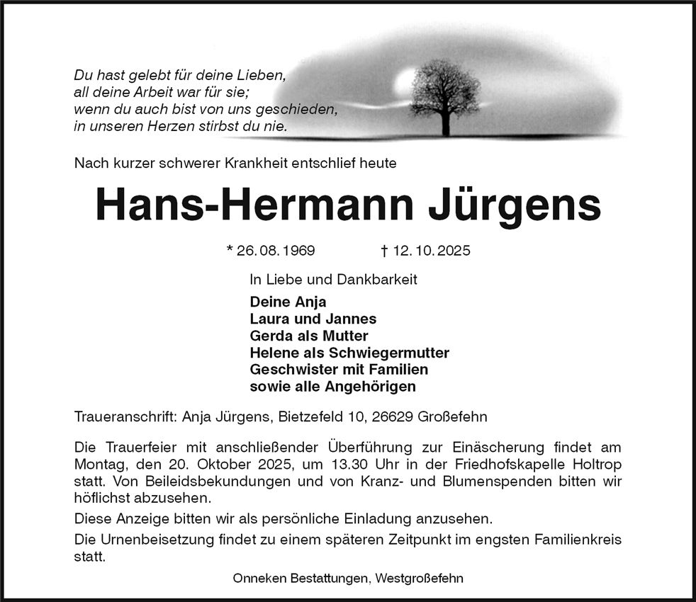 Traueranzeige von Hans-Hermann Jürgens