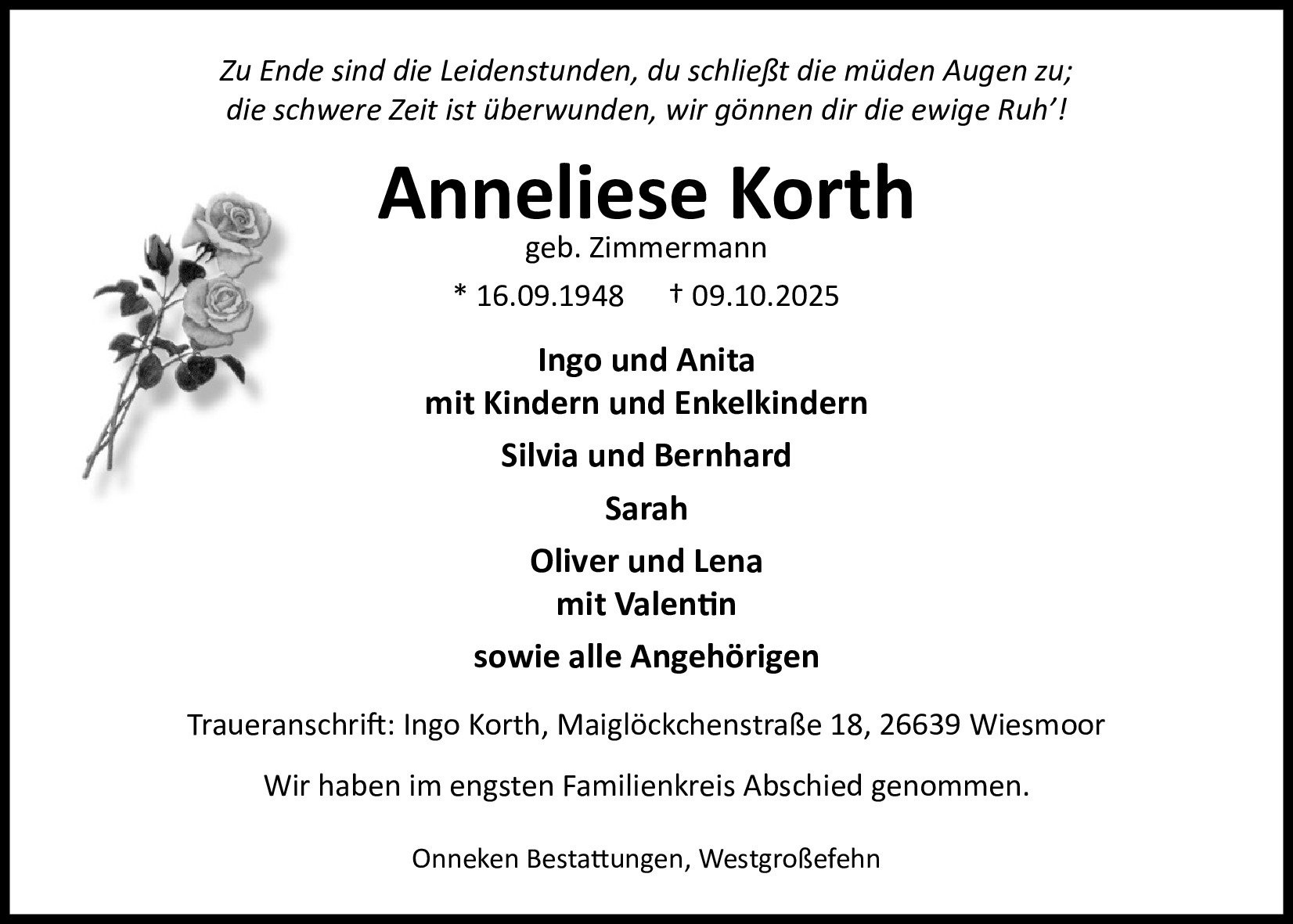 Traueranzeige von Anneliese Korth
