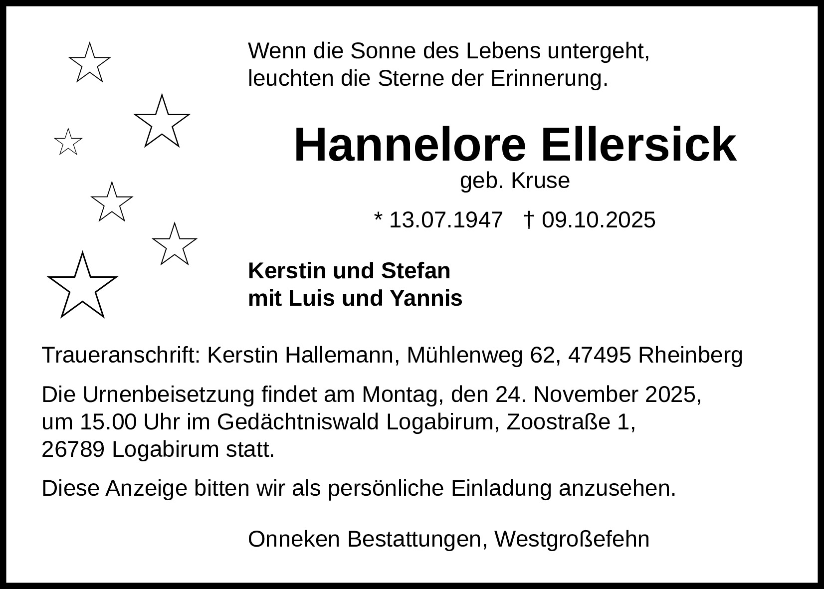 Traueranzeige von Hannelore Ellersick