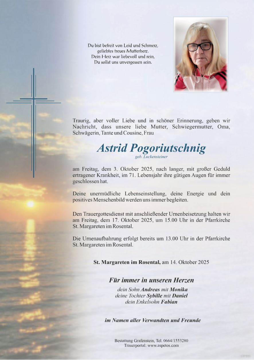 Traueranzeige von Frau Astrid Pogoriutschnig