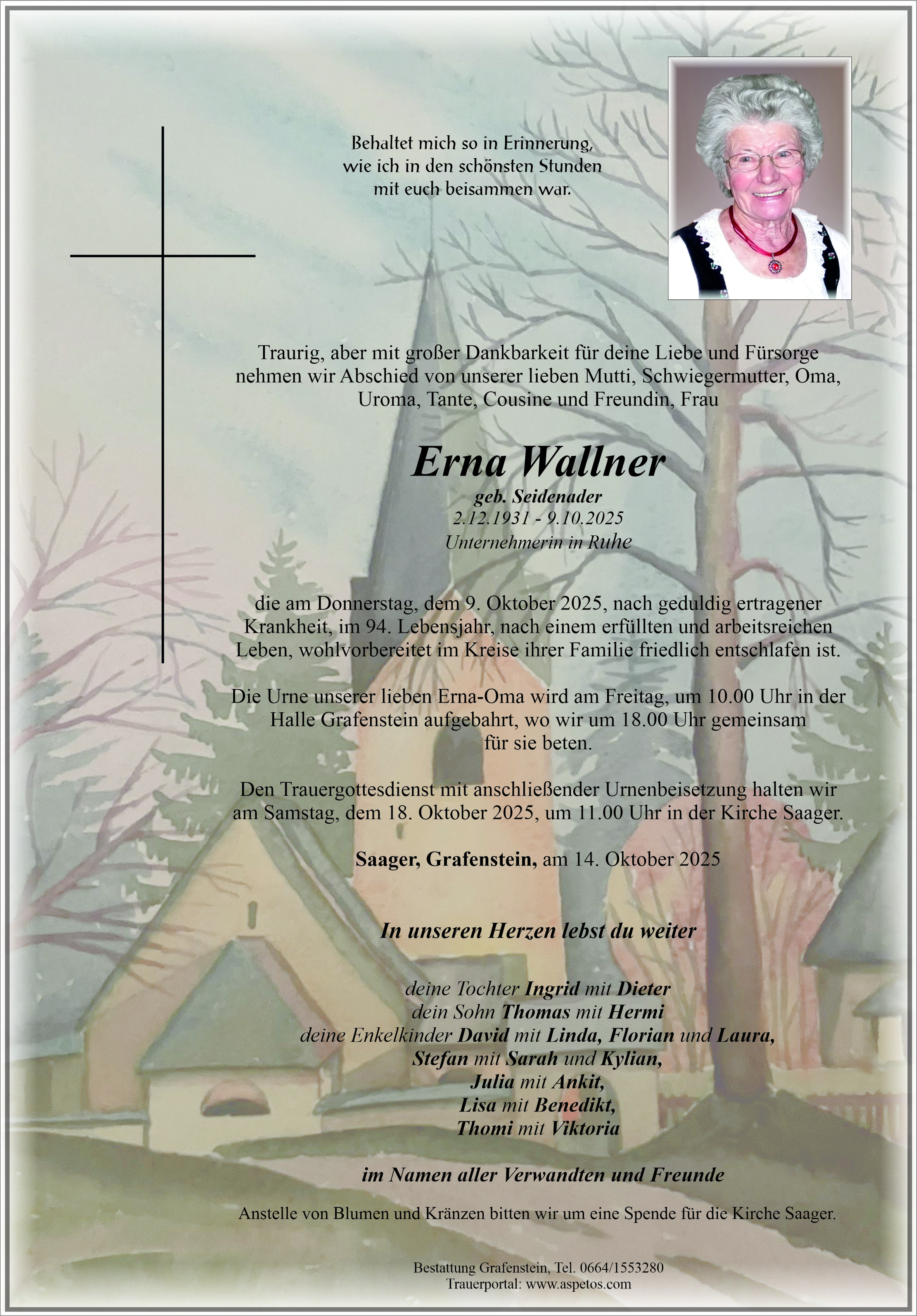 Traueranzeige von Frau Erna Wallner