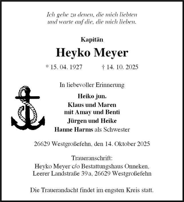 Traueranzeige von Kapitän Heyko Meyer