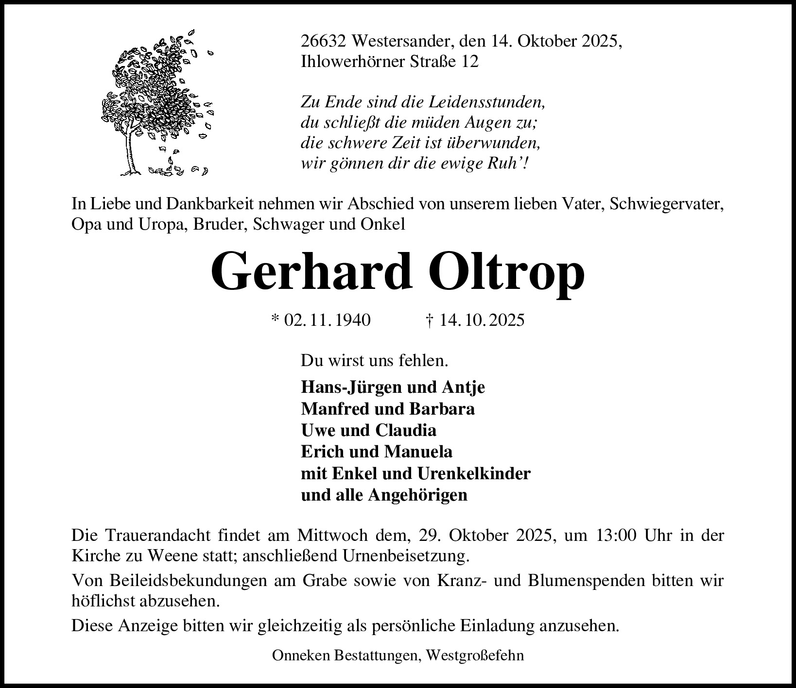 Traueranzeige von Gerhard Oltrop