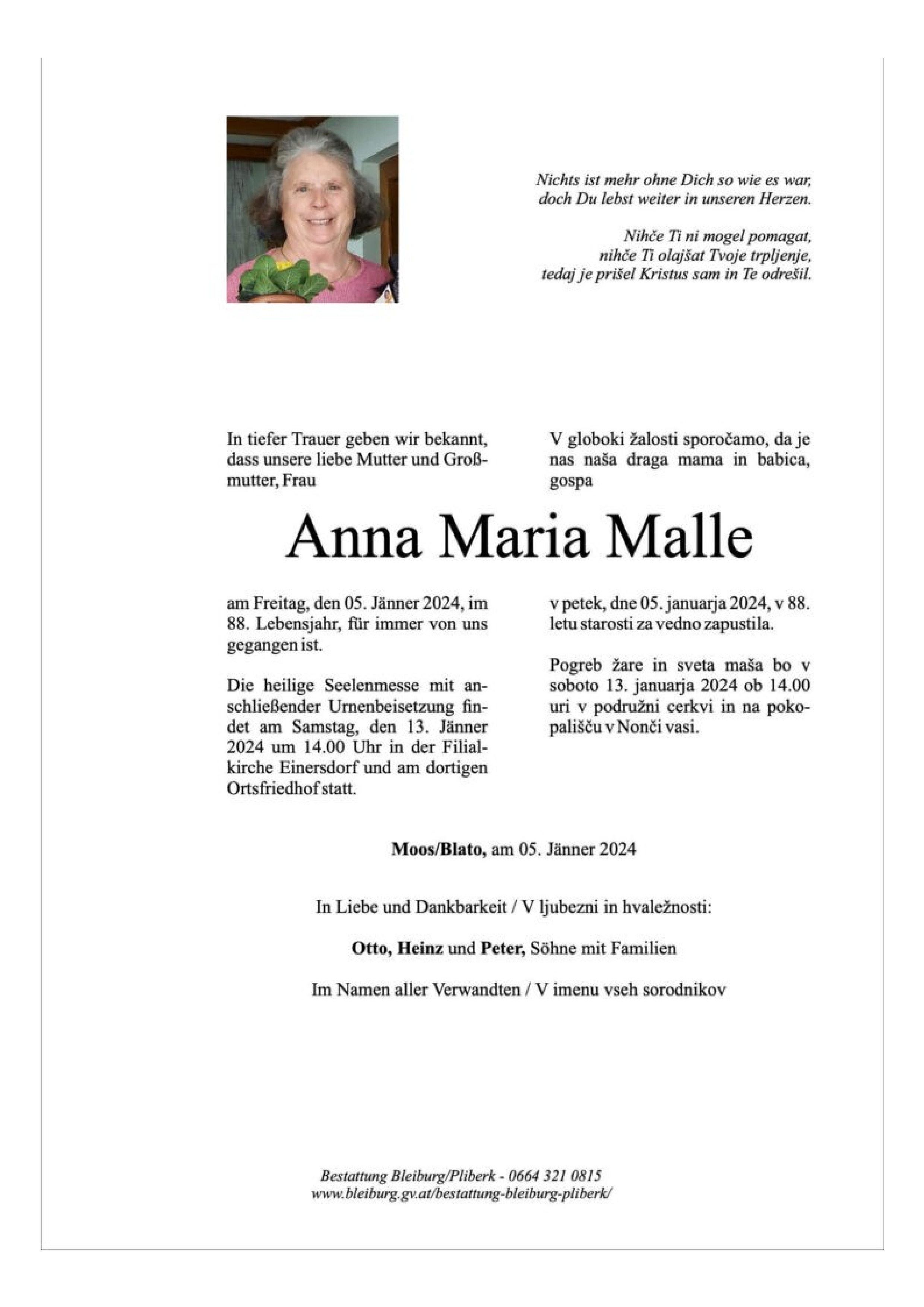 Traueranzeige von Anna Maria Malle