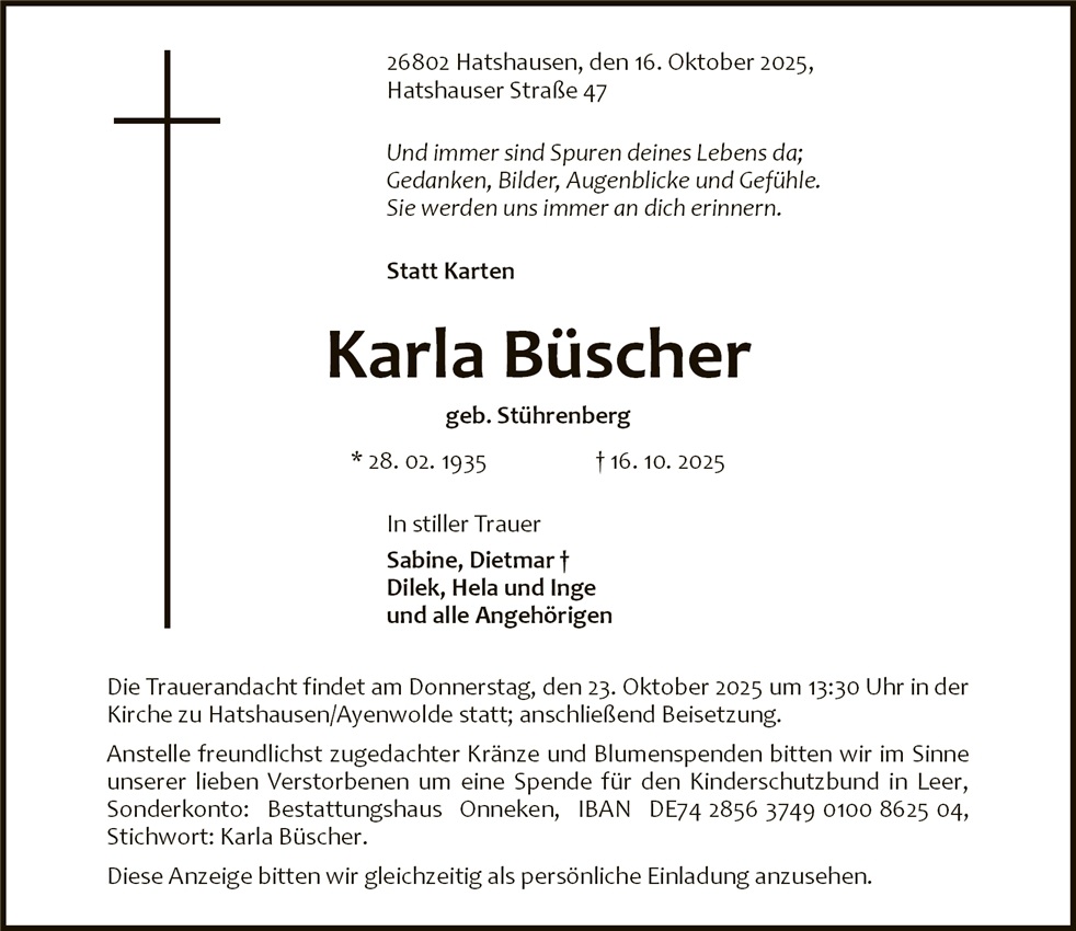 Traueranzeige von Karla Büscher