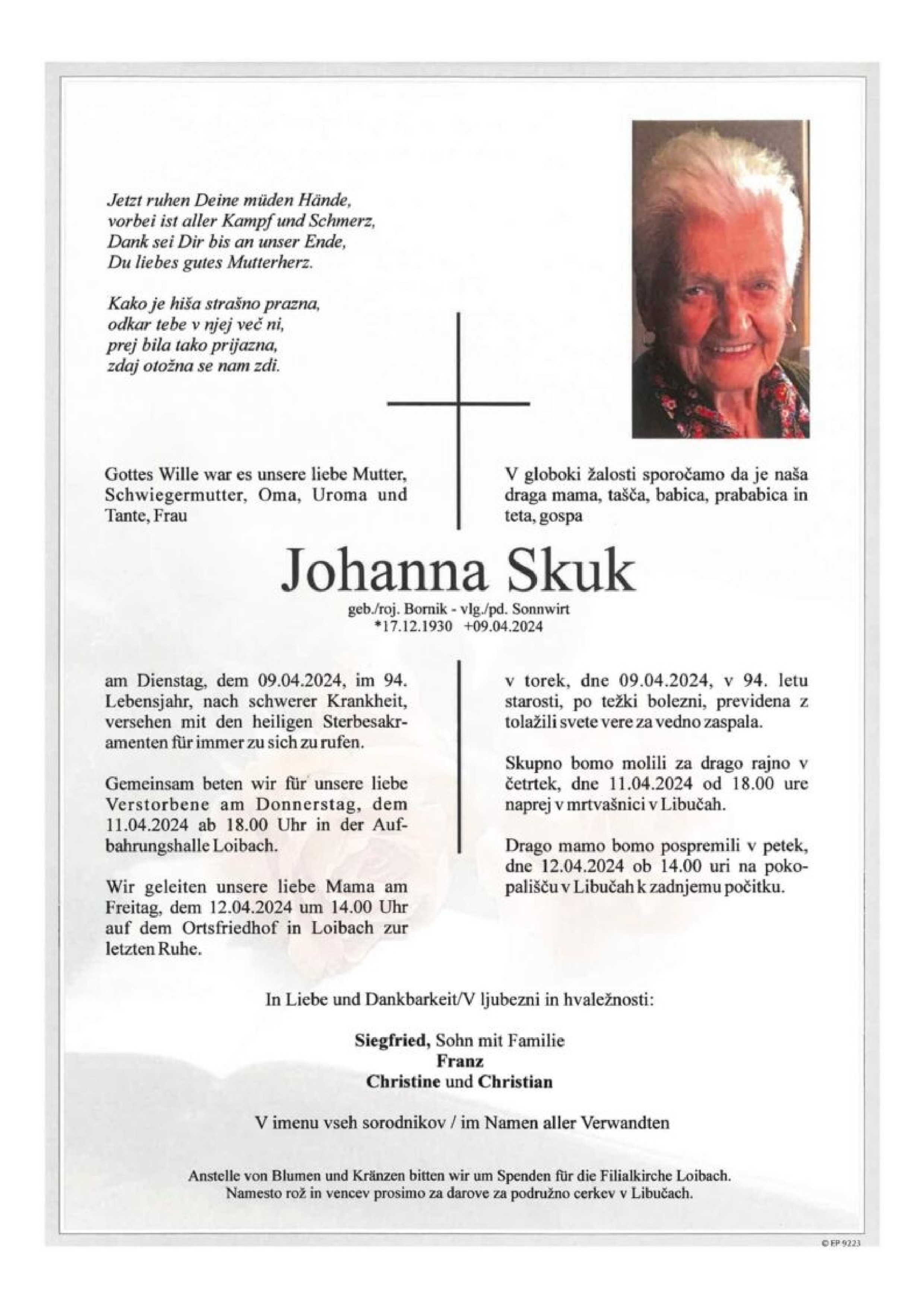 Traueranzeige von Johanna Skuk