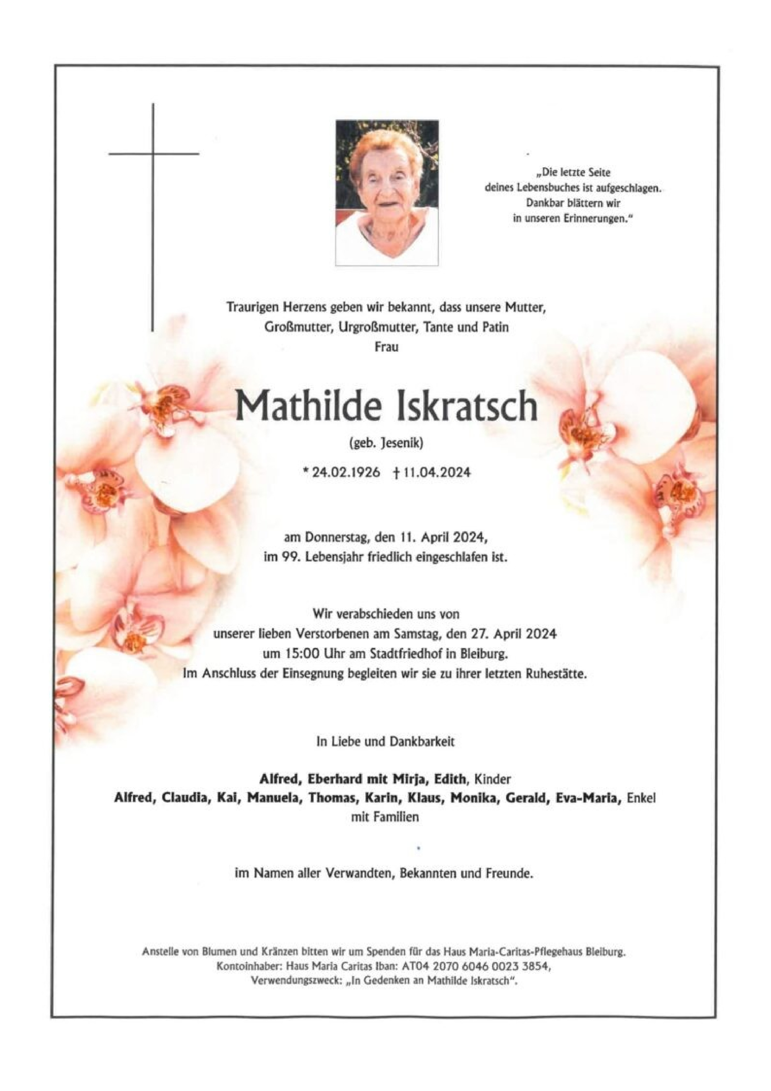 Traueranzeige von Mathilde Iskratsch