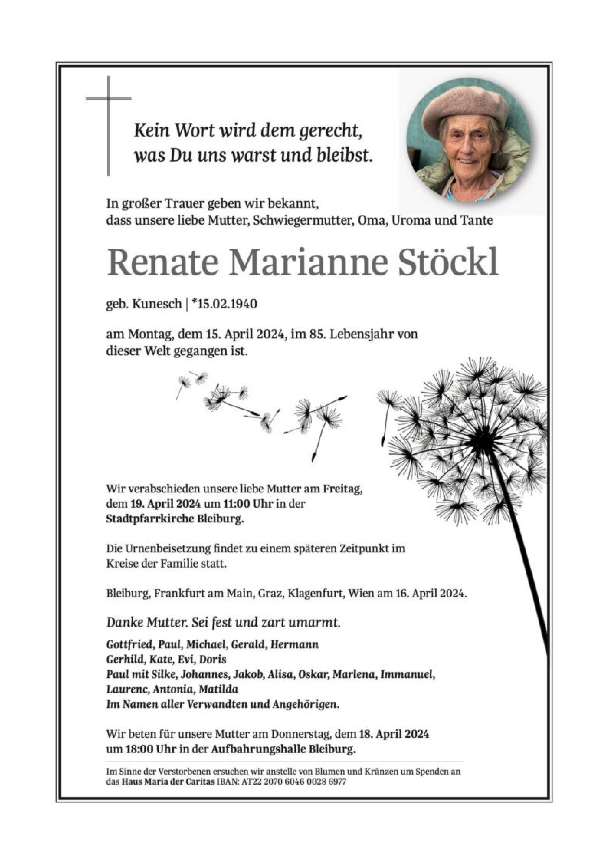 Traueranzeige von Renate Stöckl