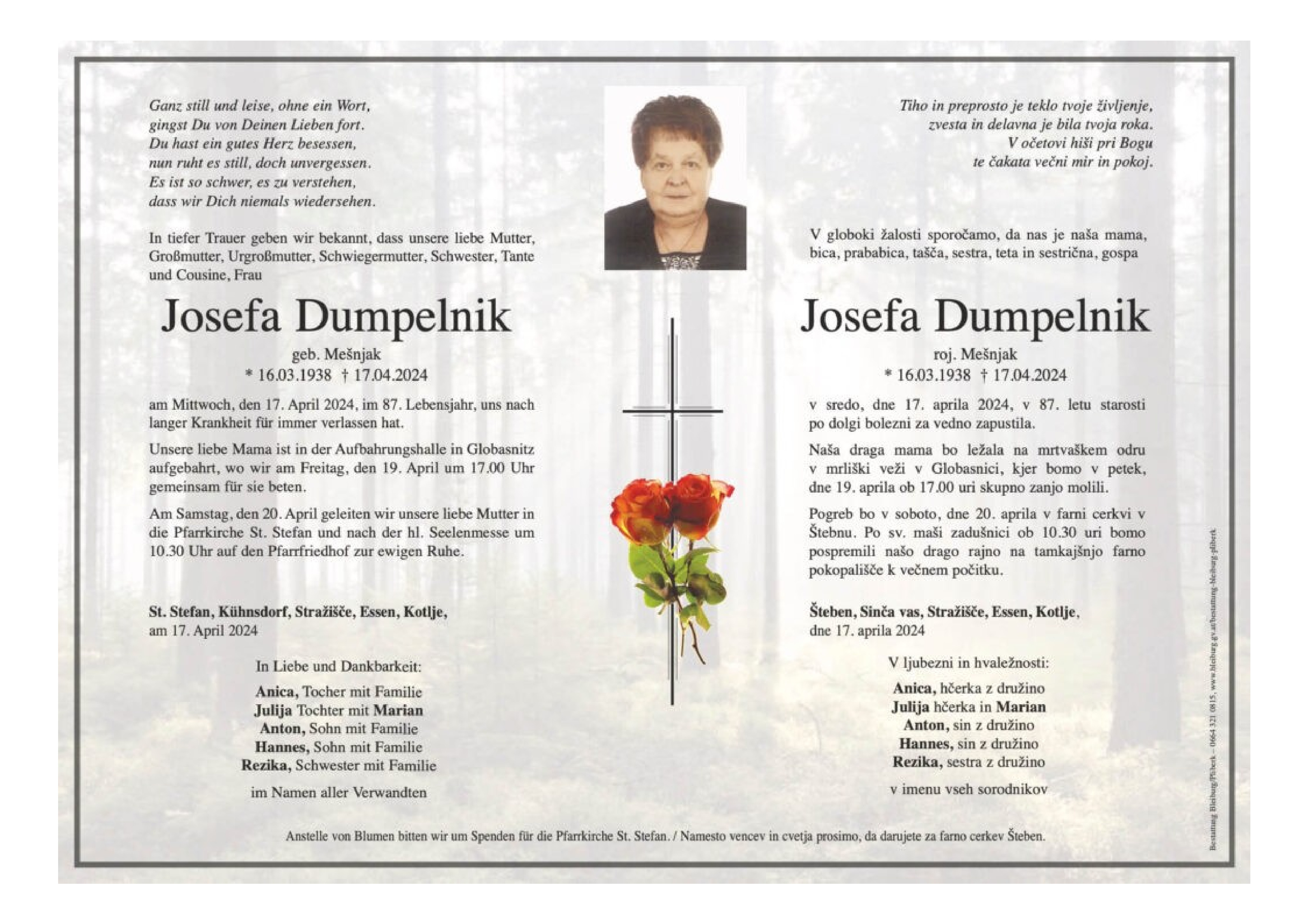 Traueranzeige von Josefa Dumpelnik