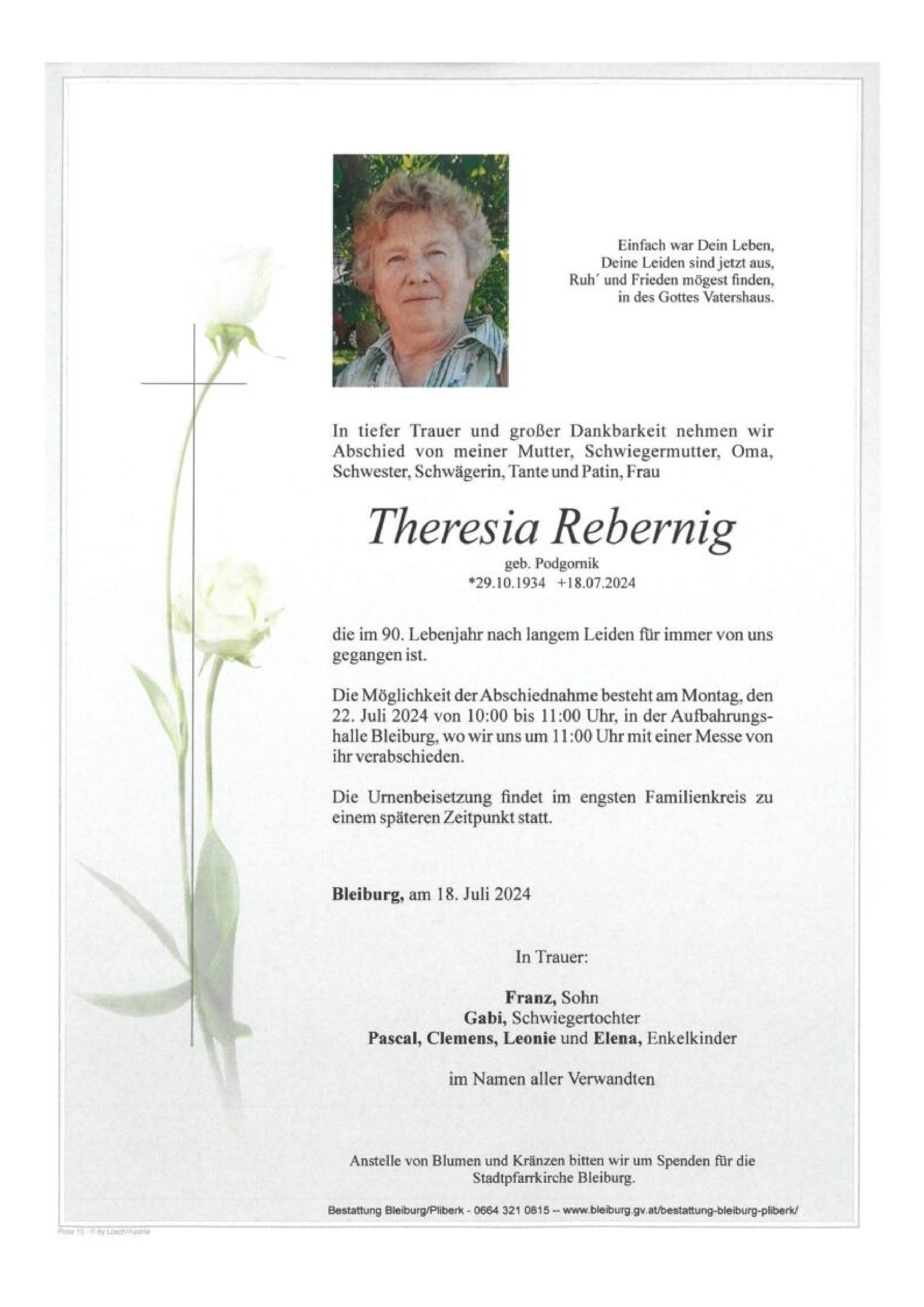 Traueranzeige von Theresia Rebernig