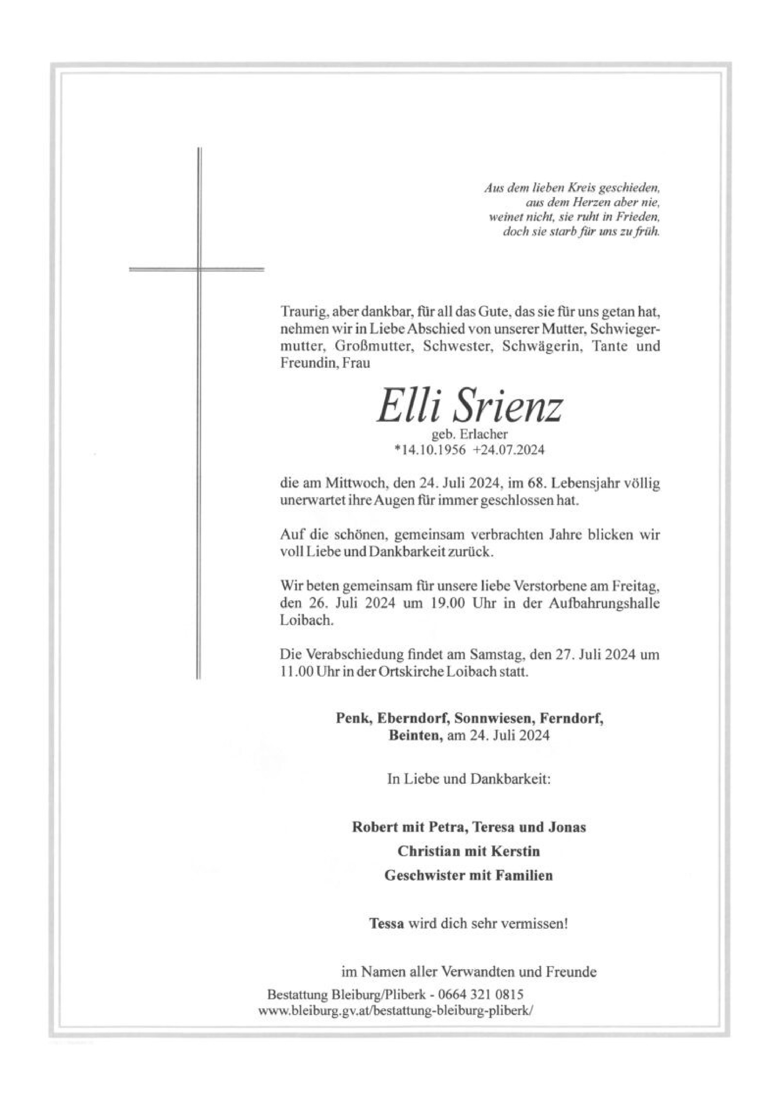 Traueranzeige von Elli Srienz