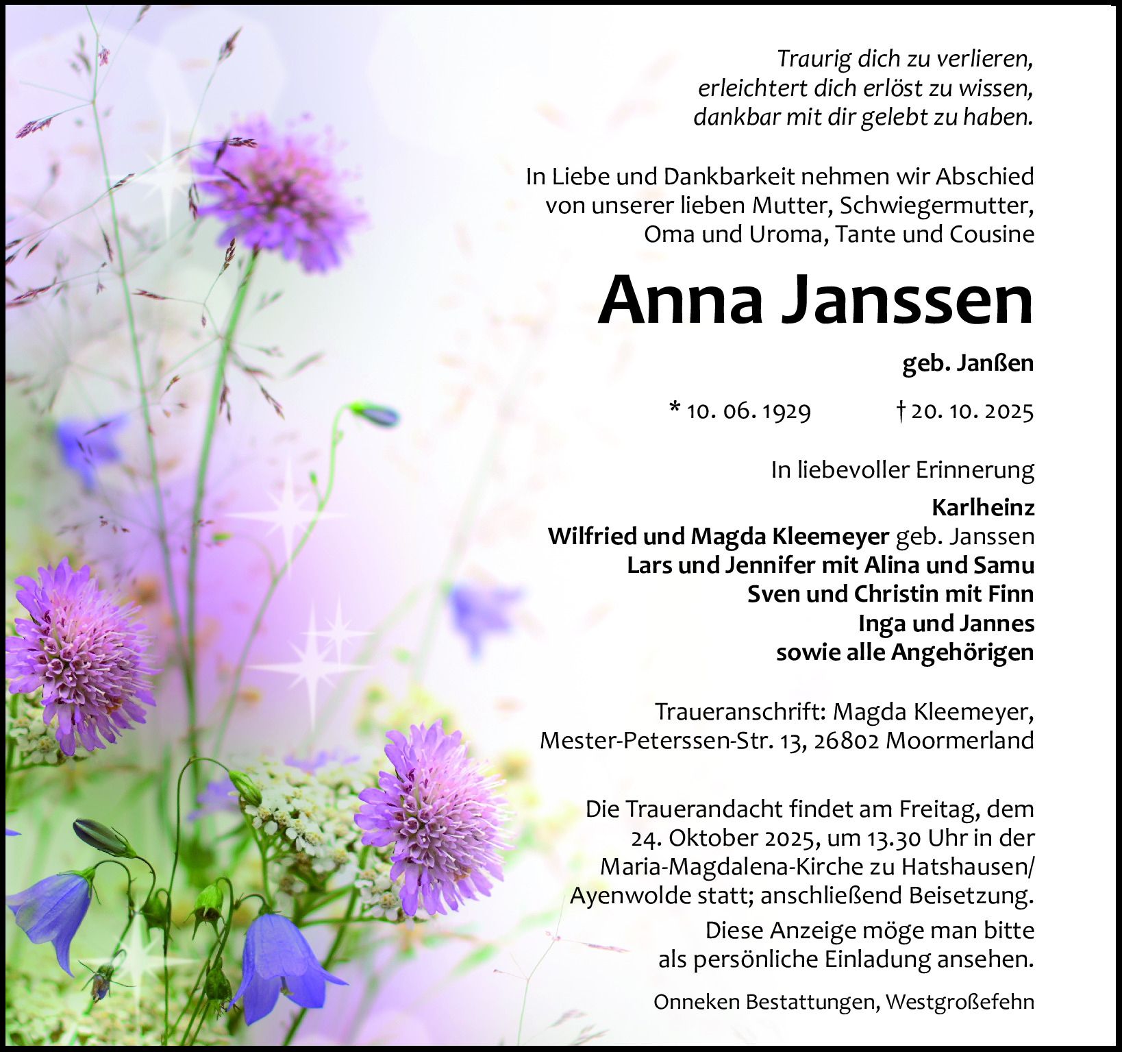 Traueranzeige von Anna Janssen