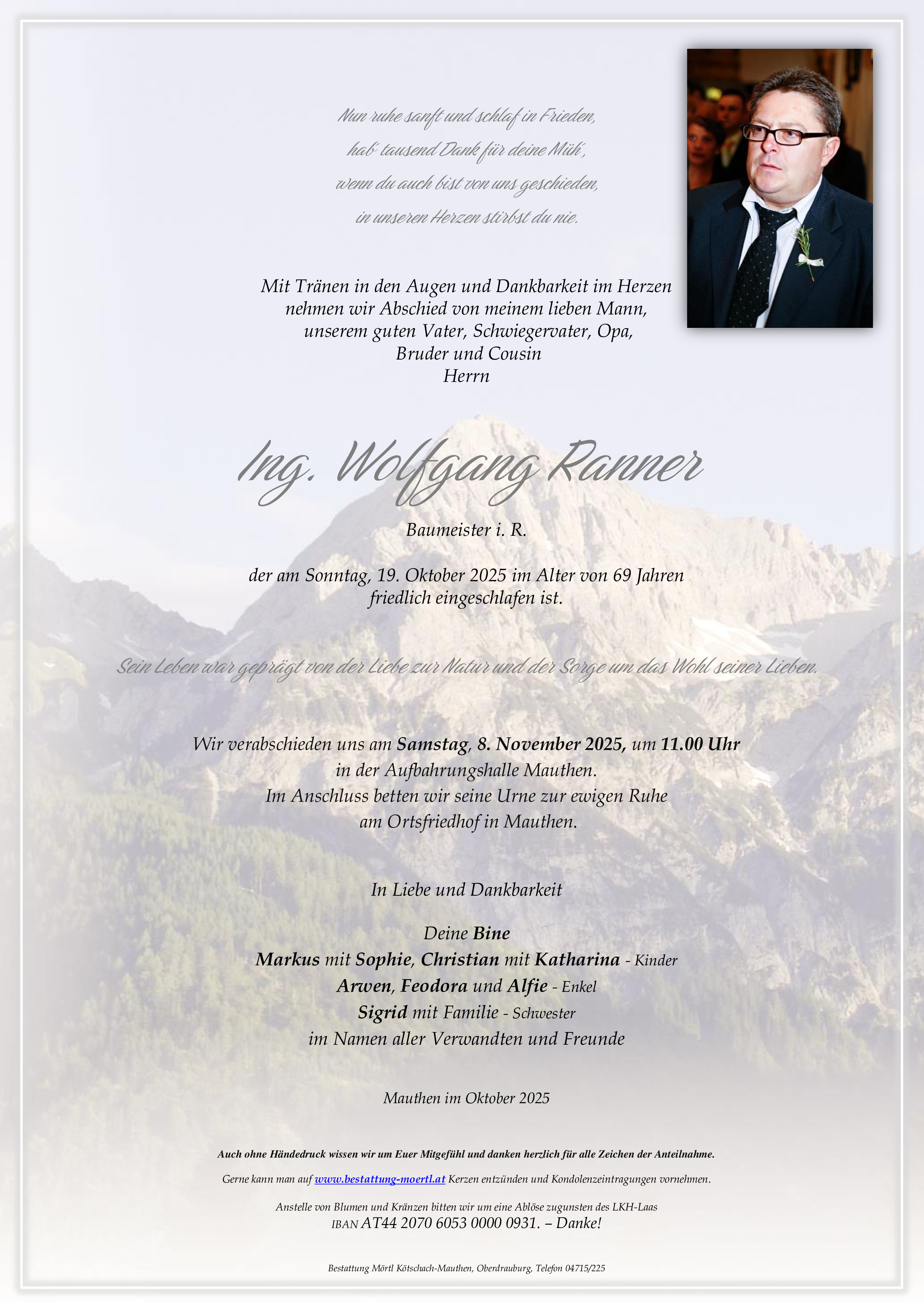 Traueranzeige von Ing. Wolfgang Ranner