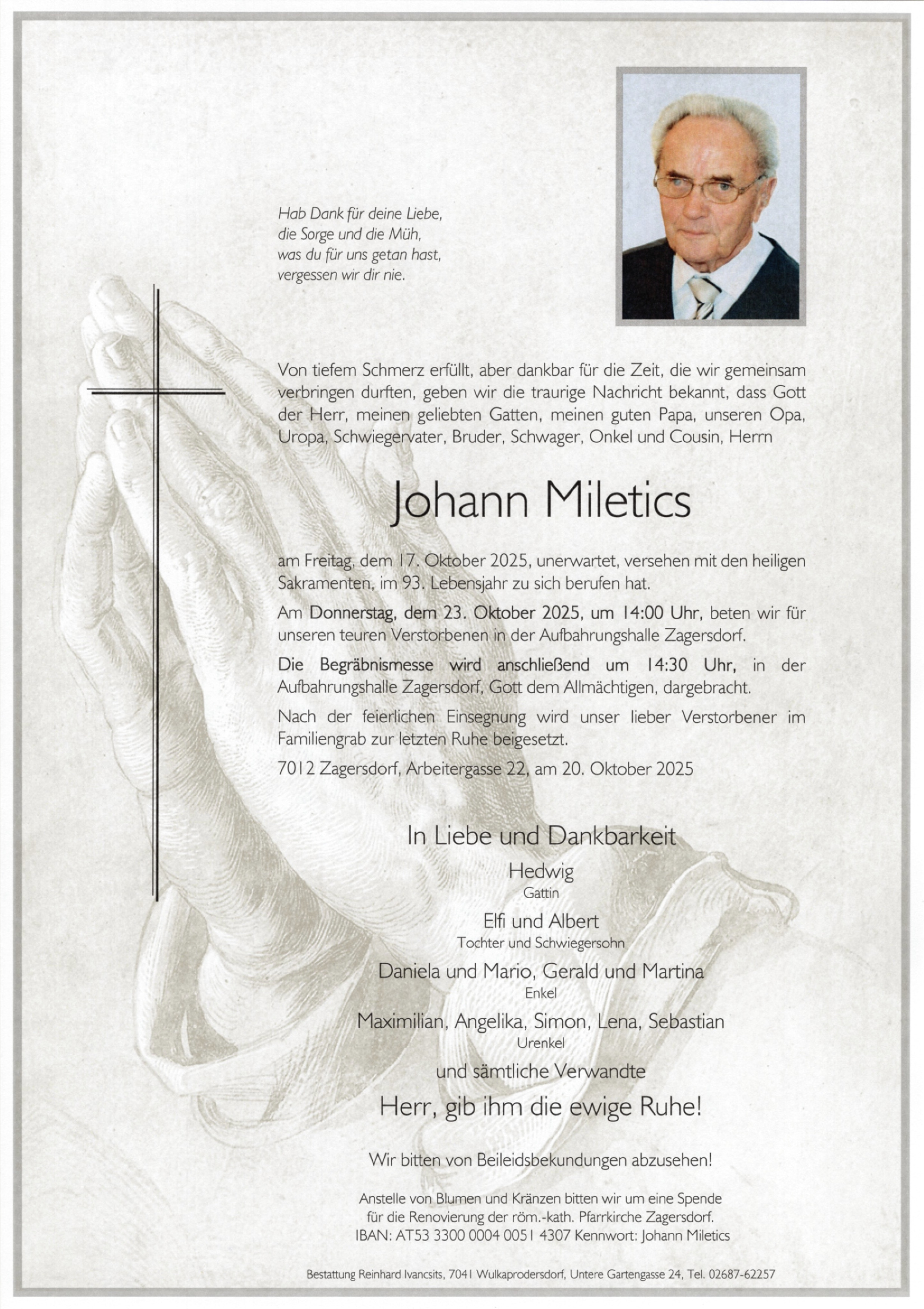 Traueranzeige von Johann Miletics
