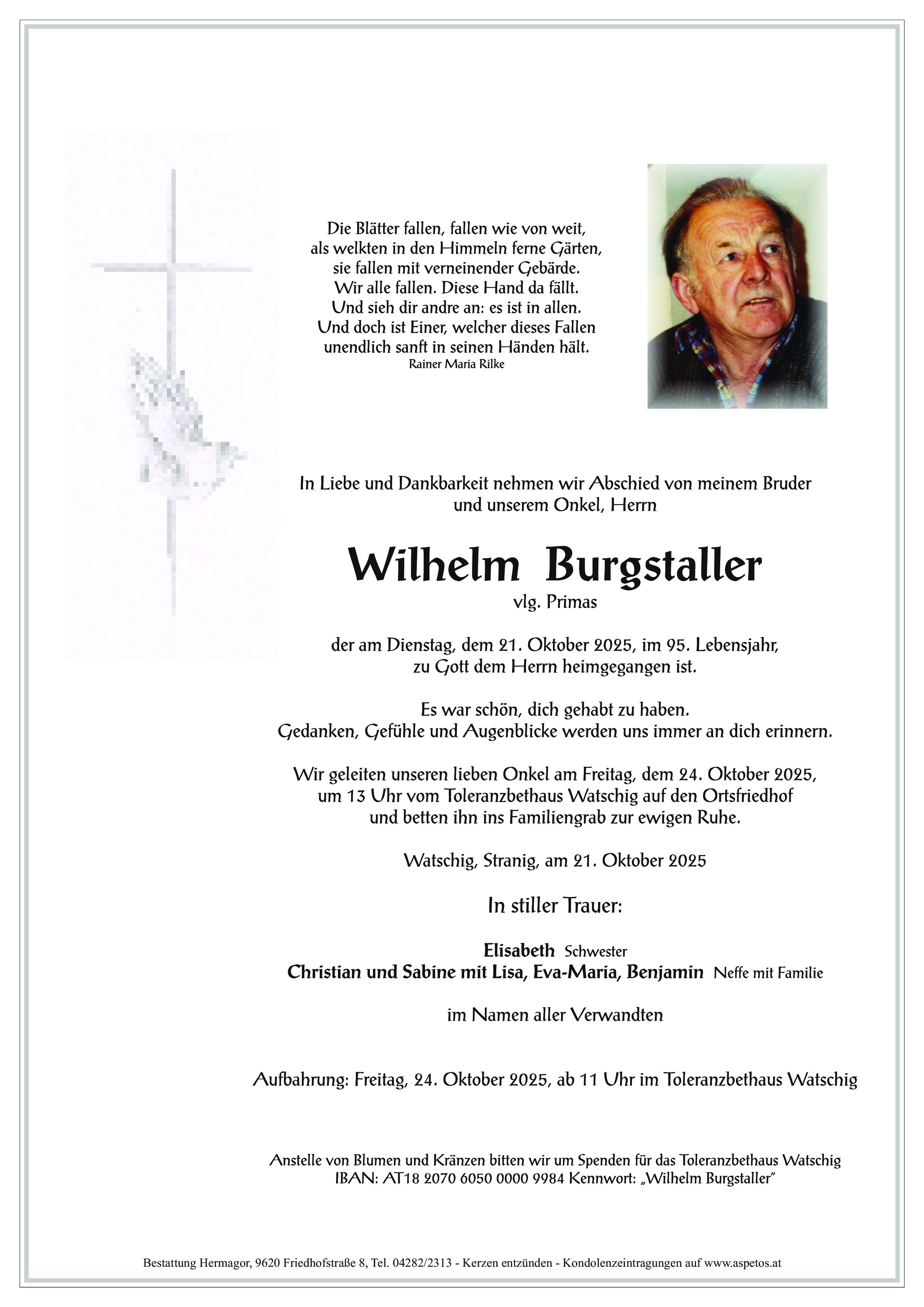 Traueranzeige von Wilhelm Burgstaller vlg. Primas