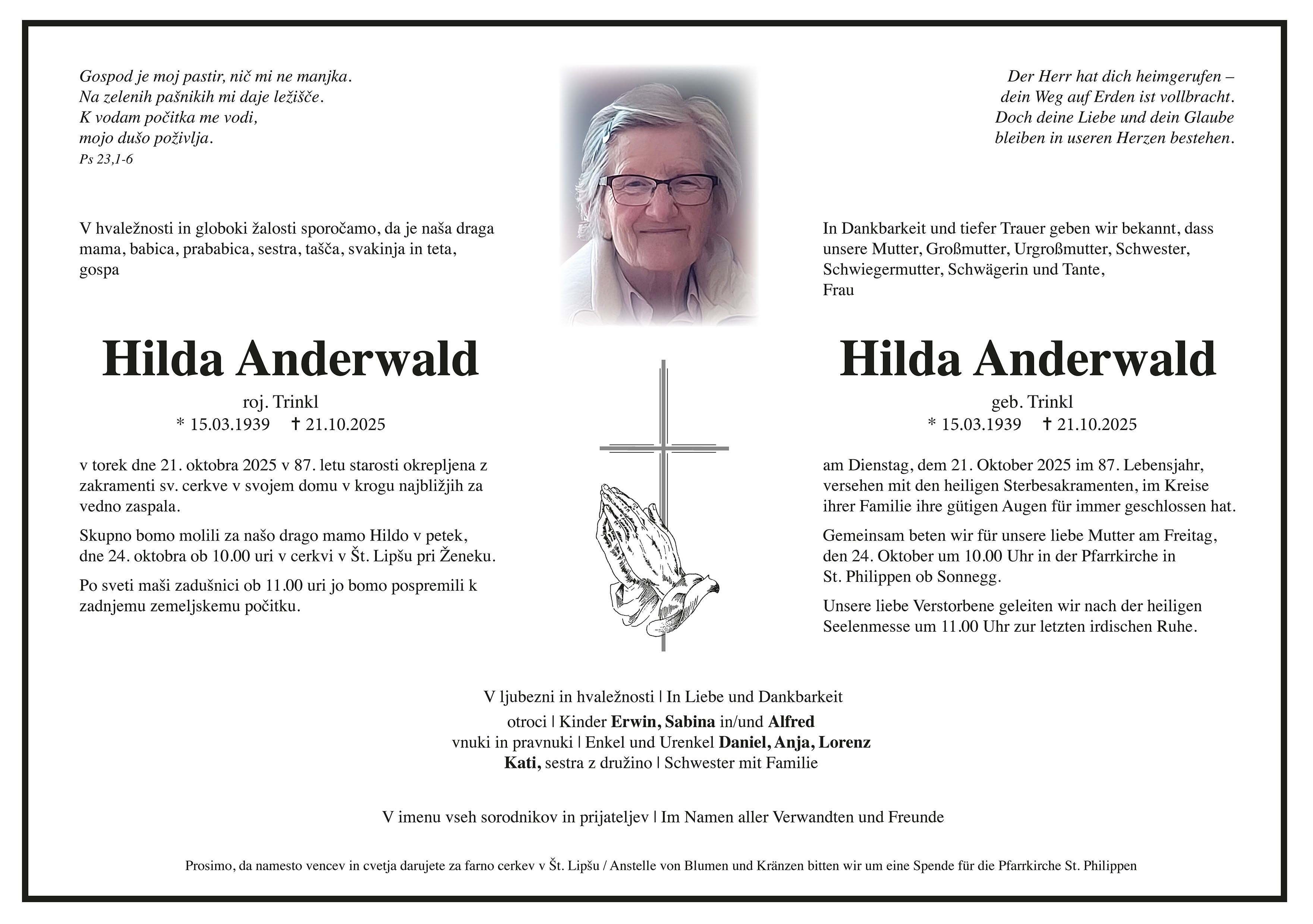 Traueranzeige von Hilda Anderwald