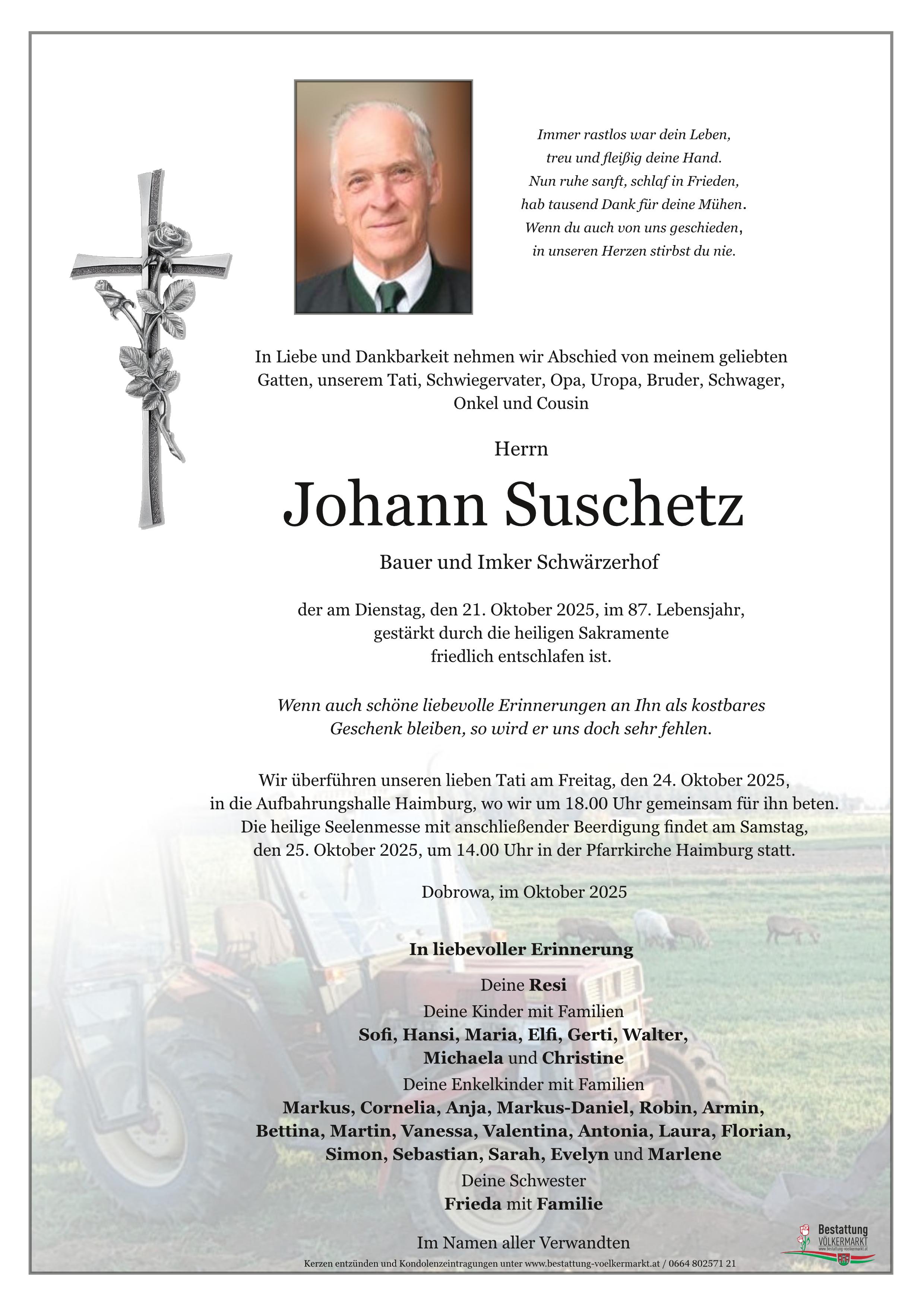 Traueranzeige von Johann Suschetz Bauer Schwärzerhof