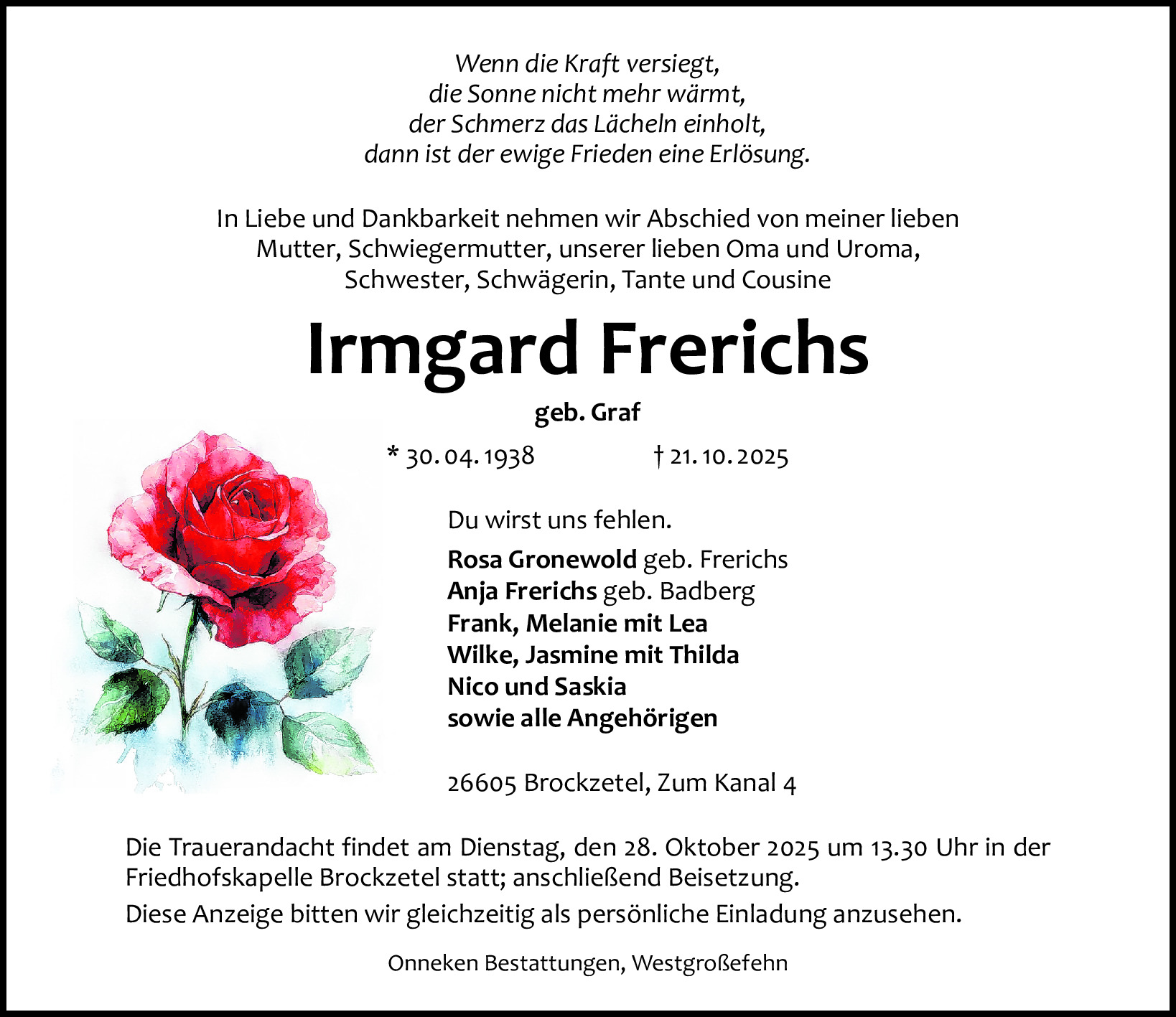 Traueranzeige von Irmgard Frerichs